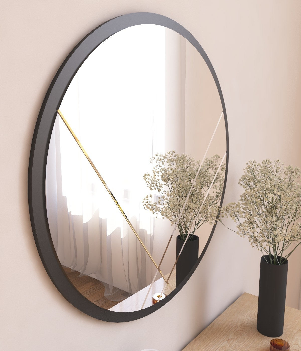 Espelho de parede redondo elegante, 60 cm, preto, 100% MDF, 2,2 cm de profundidade | Design ecológico Flotal-E | Perfeito para decoração e espaços modernos