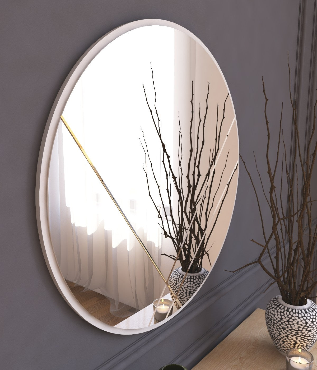 Espelho de parede redondo elegante, 60 cm, branco | 100% MDF, 2,2 cm de profundidade | Design ecológico Flotal-E | Perfeito para decoração e espaços modernos