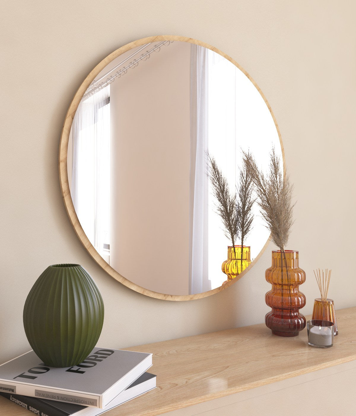 Espelho de Parede Redondo, 60 cm, 100% MDF, Flotal-E Ecológico, Cor Natural | Decoração Elegante e Funcional para Casa e Escritório | Fácil Montagem na Parede