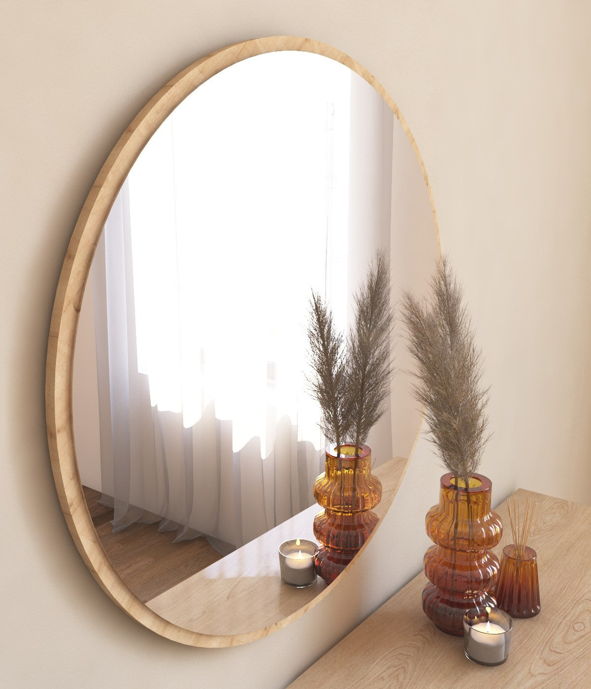 Espelho de Parede Redondo, 60 cm, 100% MDF, Flotal-E Ecológico, Cor Natural | Decoração Elegante e Funcional para Casa e Escritório | Fácil Montagem na Parede