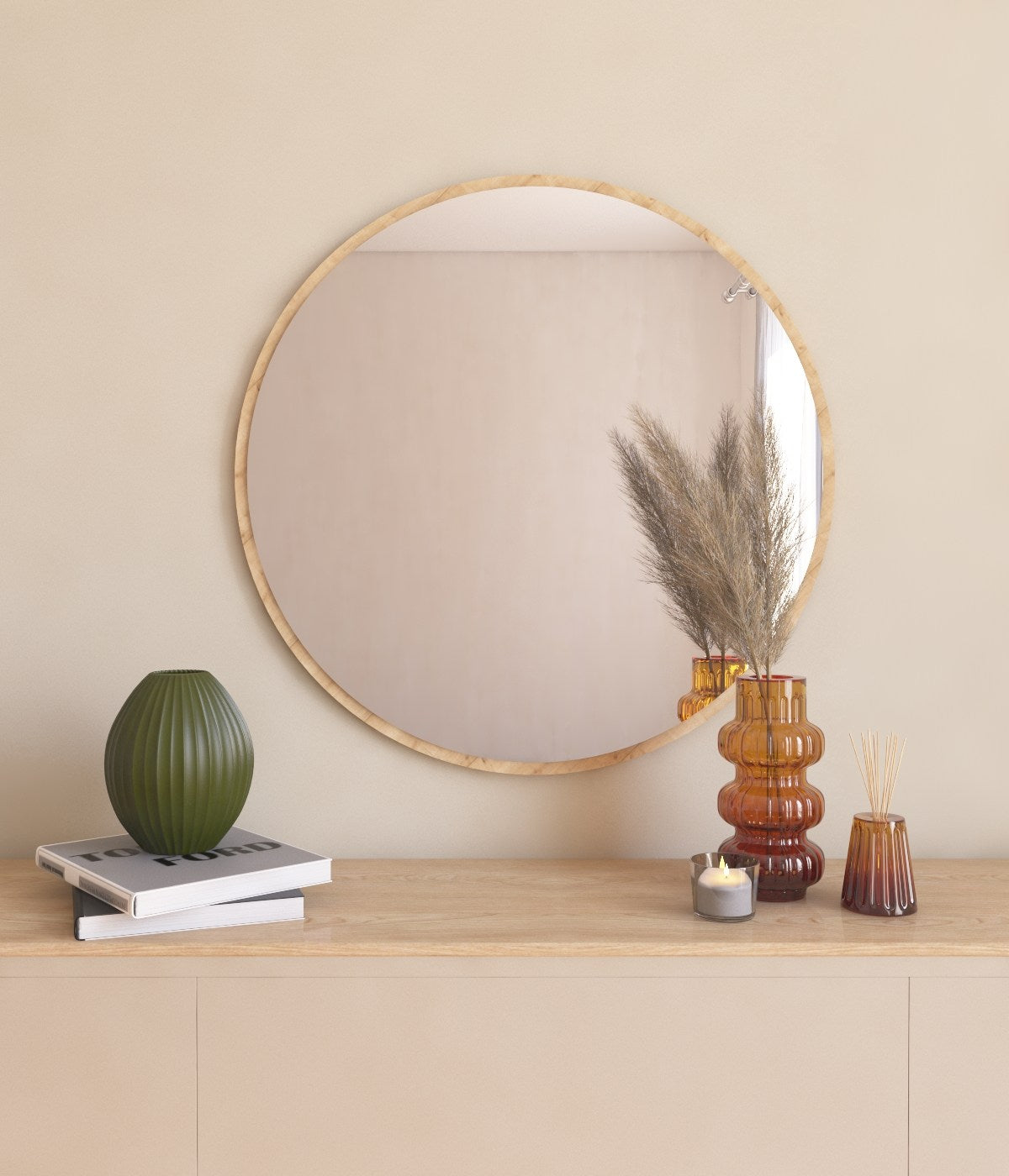 Espelho de Parede Redondo, 60 cm, 100% MDF, Flotal-E Ecológico, Cor Natural | Decoração Elegante e Funcional para Casa e Escritório | Fácil Montagem na Parede