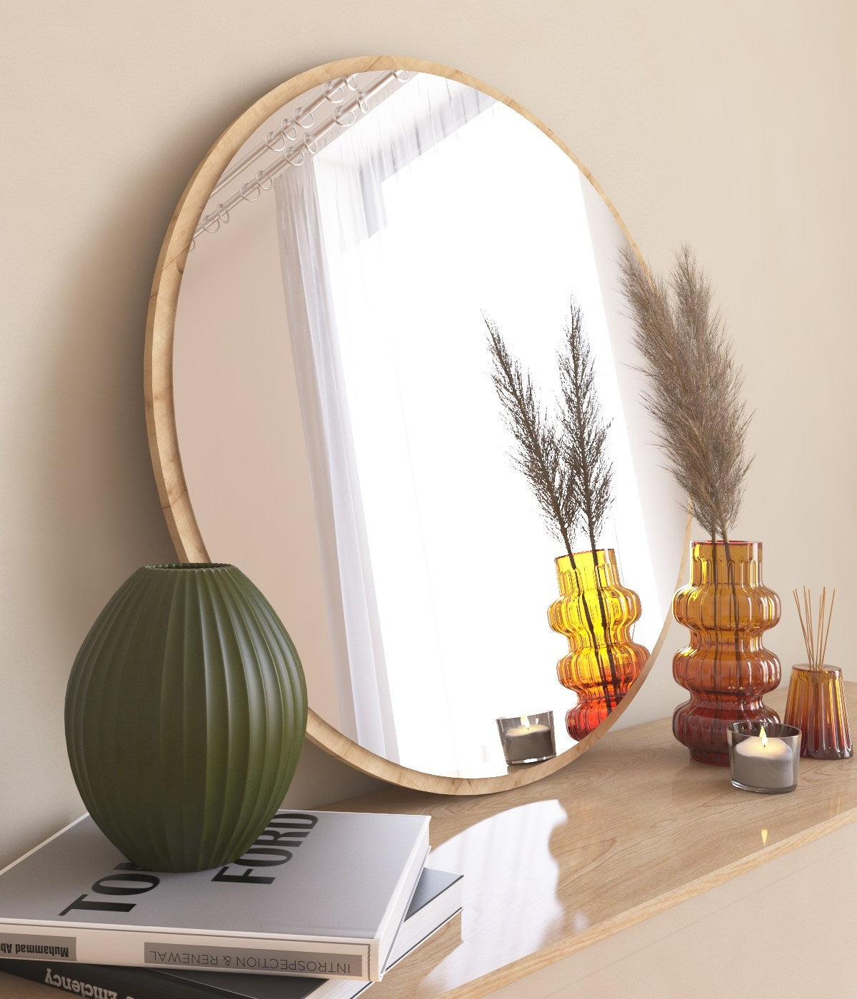 Espelho de Parede Redondo, 60 cm, 100% MDF, Flotal-E Ecológico, Cor Natural | Decoração Elegante e Funcional para Casa e Escritório | Fácil Montagem na Parede