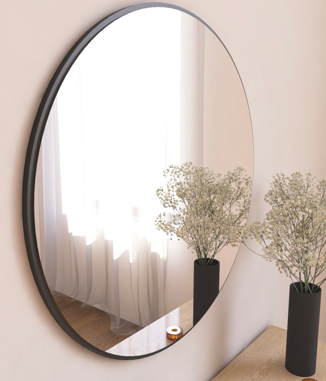 Espelho de parede redondo elegante, 60 cm, preto, 100% MDF, 2,2 cm de profundidade | Design ecológico Flotal-E | Perfeito para decoração e espaços modernos
