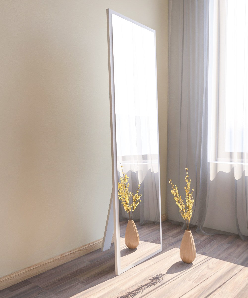 Espelho de chão elegante, 50 cm x 160 cm, 100% MDF, Flotal-E ecológico, montável na parede, design branco elegante para decoração moderna de casa