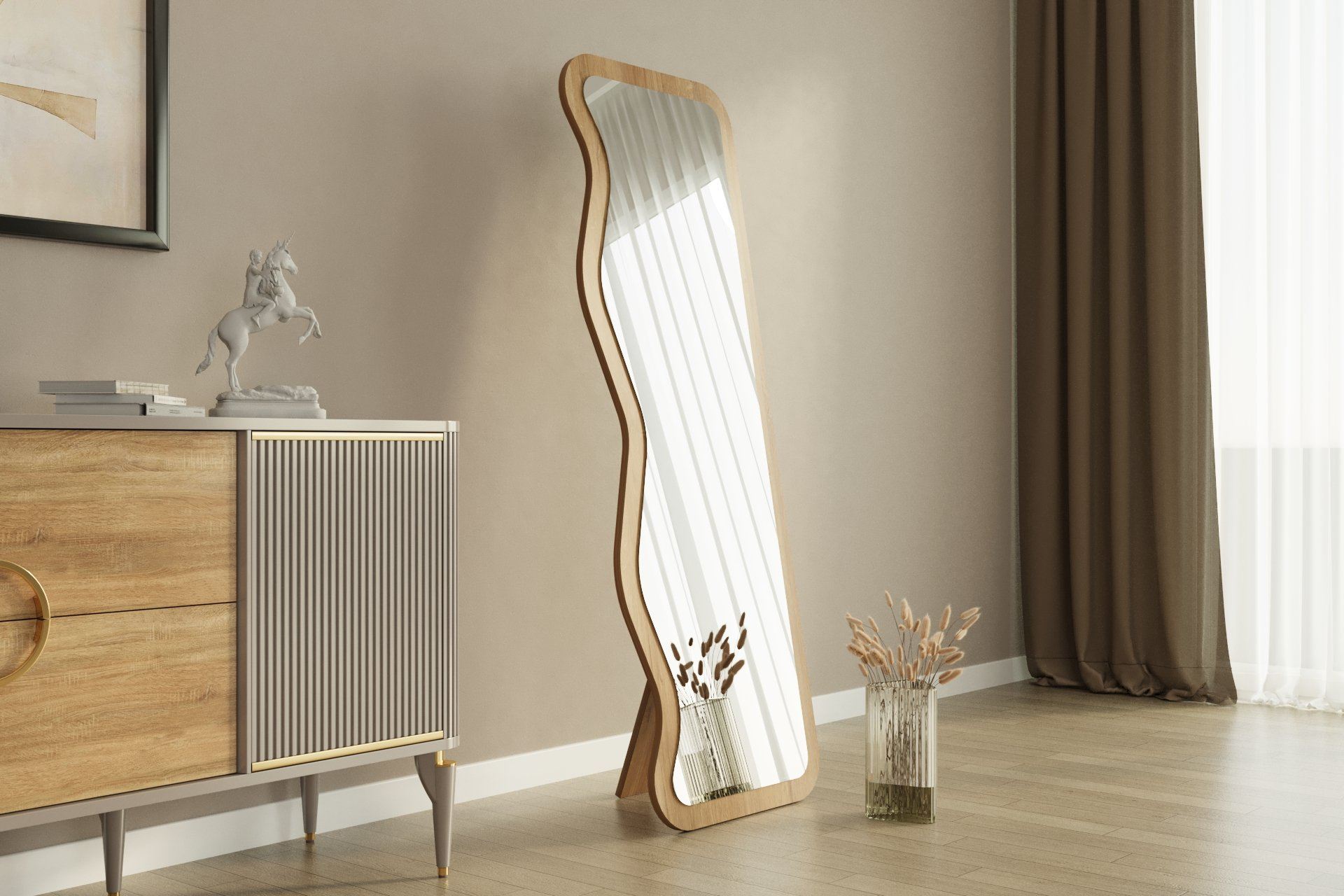 Espelho de parede elegante, 50 x 160 cm, 100% MDF, design ecológico Flotal-E, cor natural | Perfeito para decoração de casa e espaços modernos