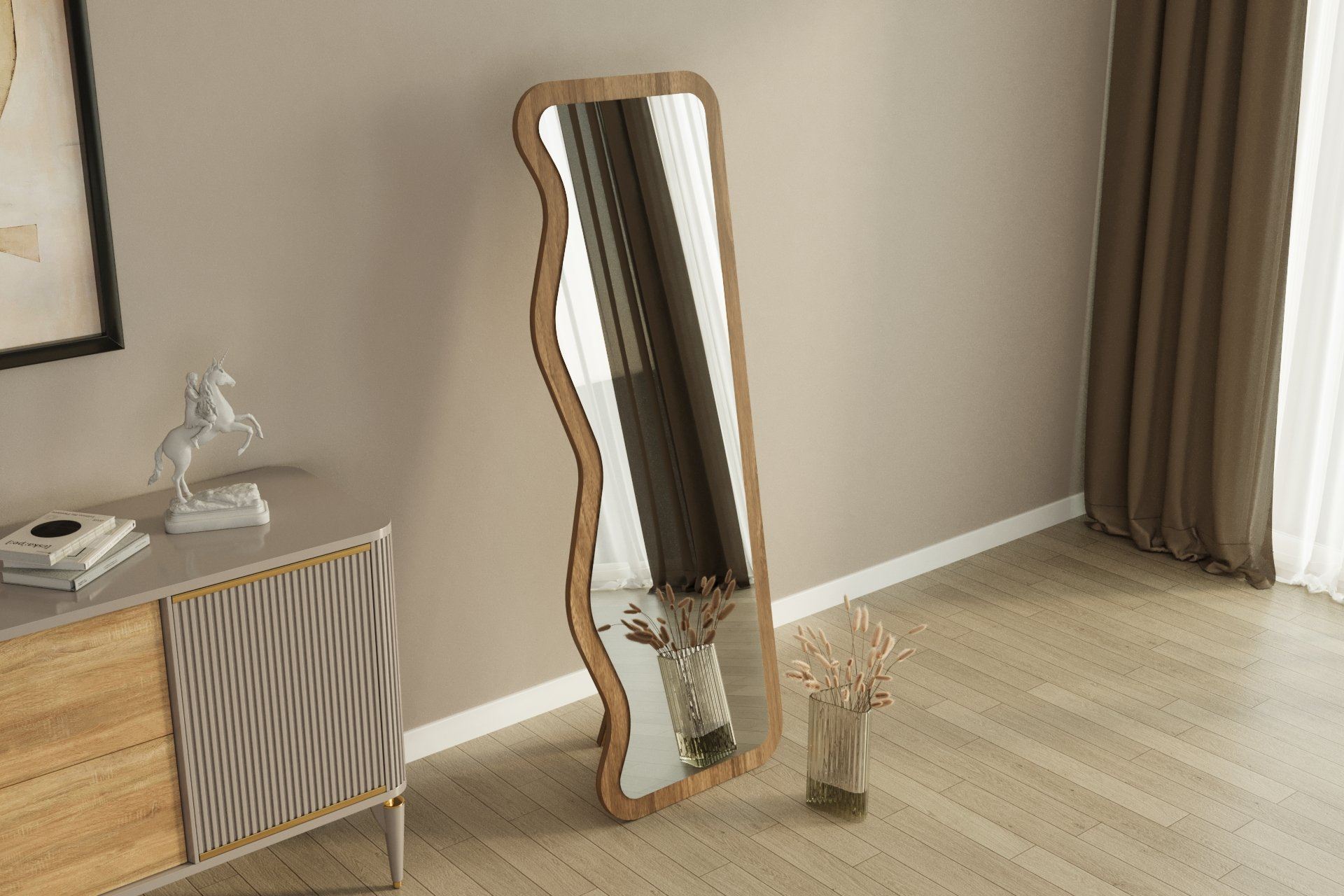 Espelho de parede elegante em nogueira, 50 x 160 x 2,2 cm | 100% MDF, Flotal-E ecológico | Decoração elegante para casa, perfeito para sala de estar e hall de entrada