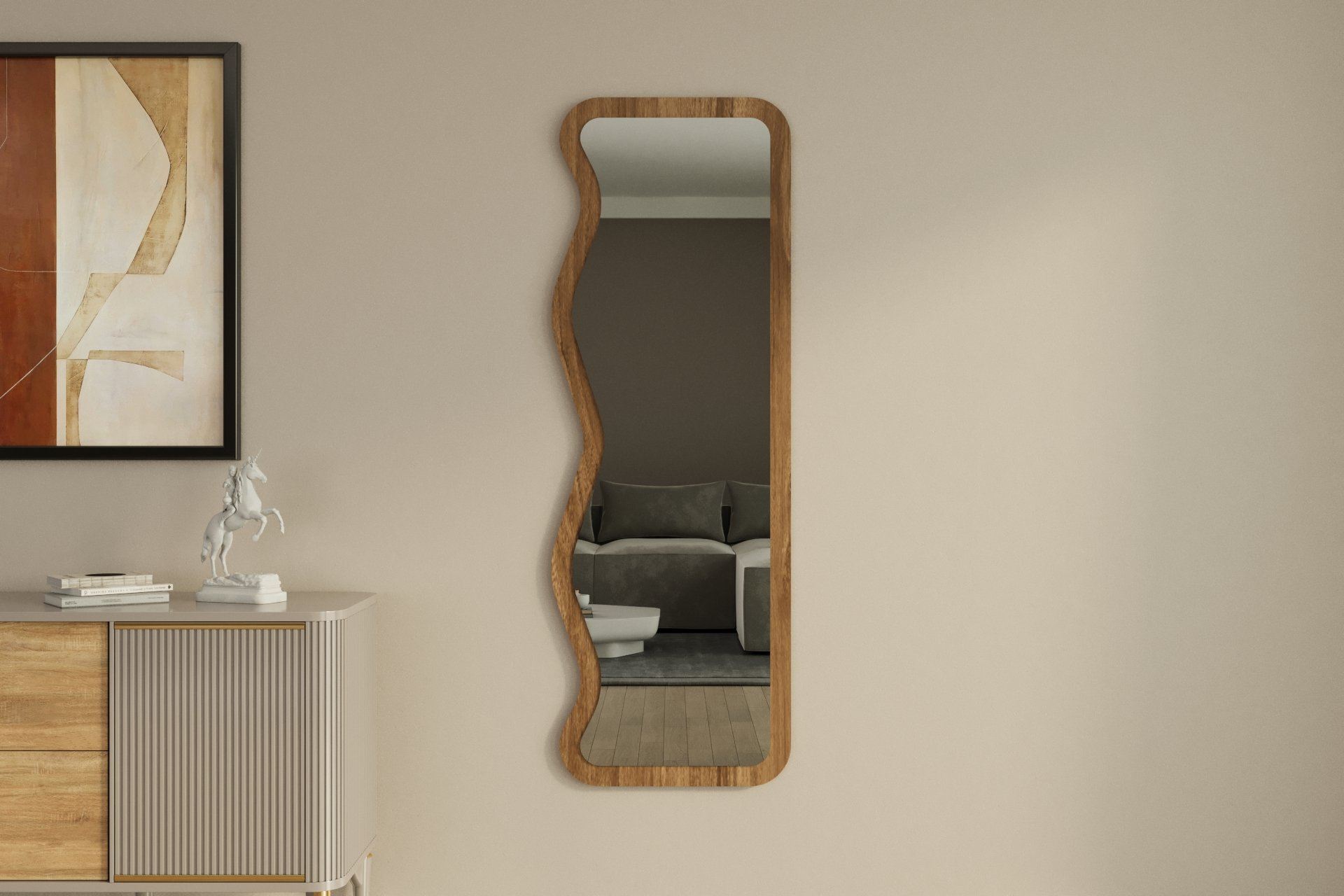 Espelho de parede elegante em nogueira, 50 x 160 x 2,2 cm | 100% MDF, Flotal-E ecológico | Decoração elegante para casa, perfeito para sala de estar e hall de entrada
