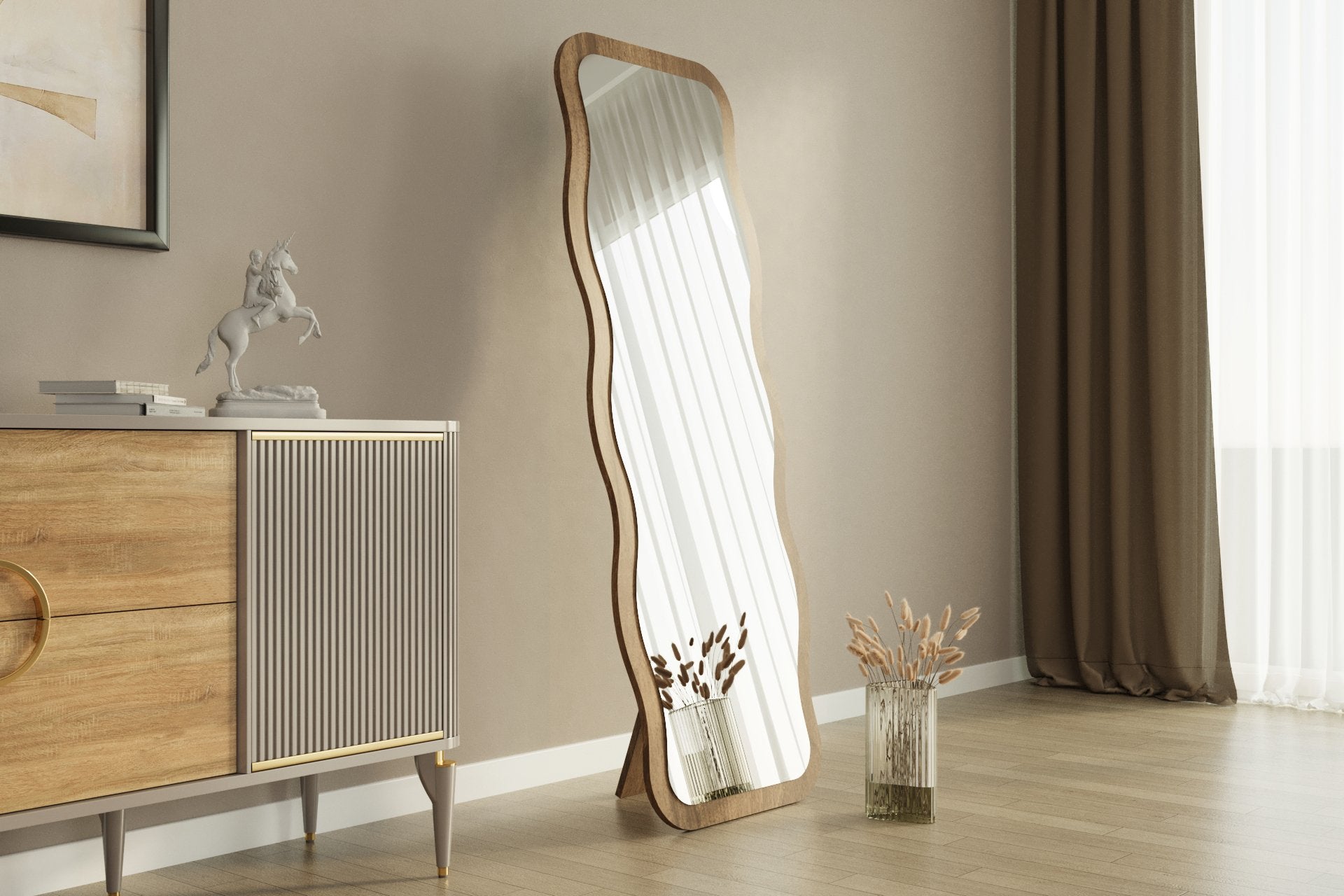 Espelho de parede elegante em nogueira, 50 x 160 x 2,2 cm | 100% MDF, Flotal-E ecológico | Decoração elegante para casa, perfeito para sala de estar e hall de entrada