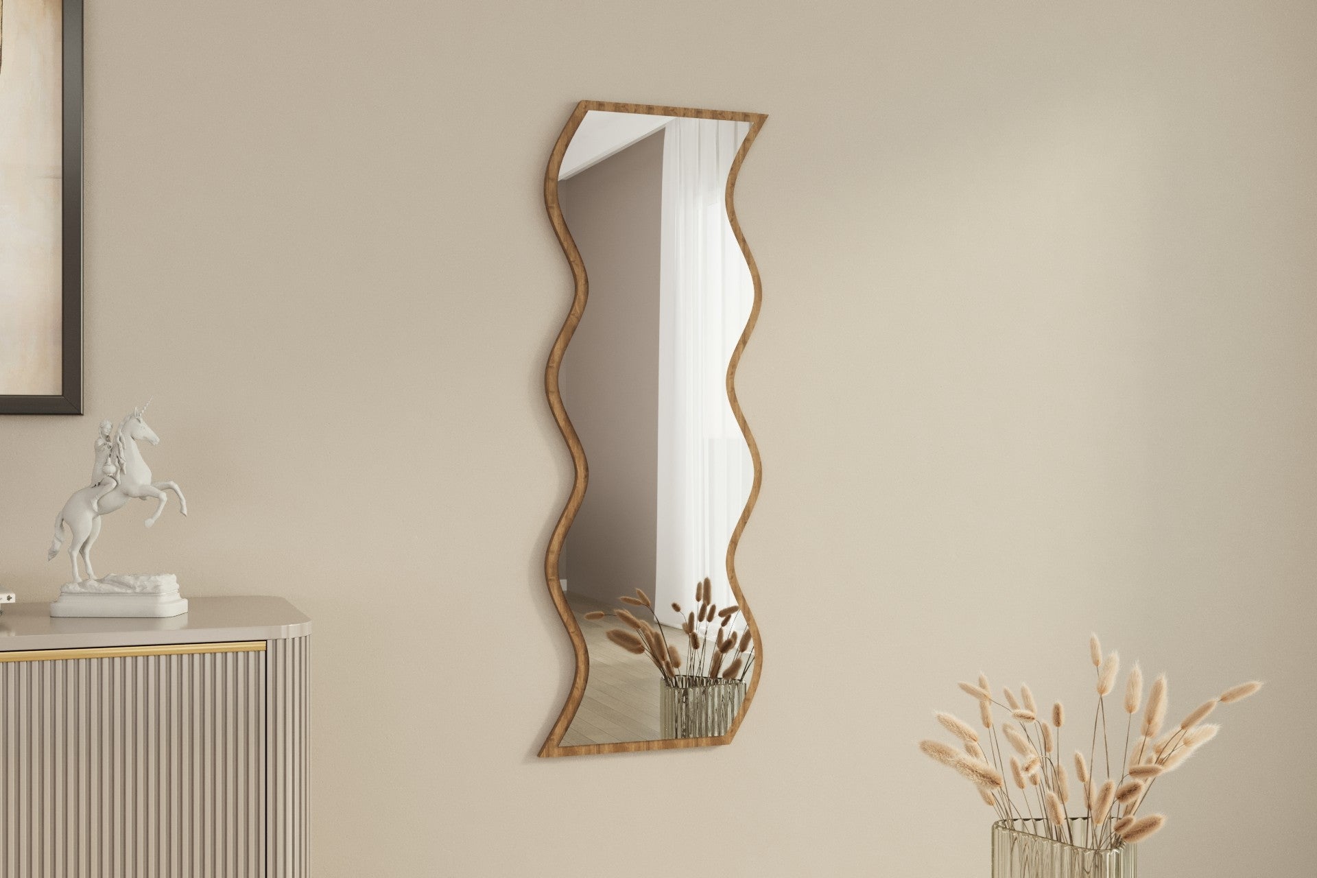 Espelho de parede elegante, 40 x 120 cm, branco e nogueira | 100% MDF, design ecológico Flotal-E | Perfeito para decoração e espaços modernos