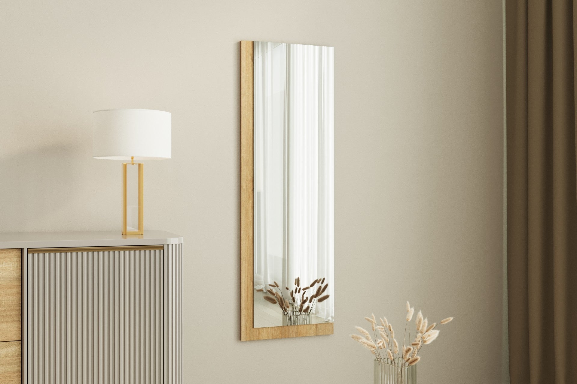 Espelho de parede elegante, 40 x 120 cm, 100% MDF, design ecológico Flotal-E, acabamento branco e natural | Perfeito para decoração moderna