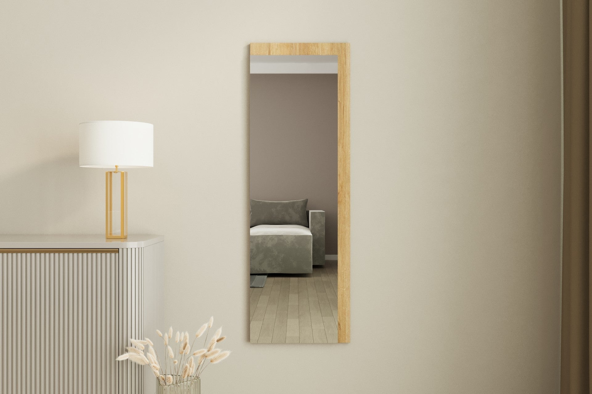 Espelho de parede elegante, 40 x 120 cm, 100% MDF, design ecológico Flotal-E, acabamento branco e natural | Perfeito para decoração moderna