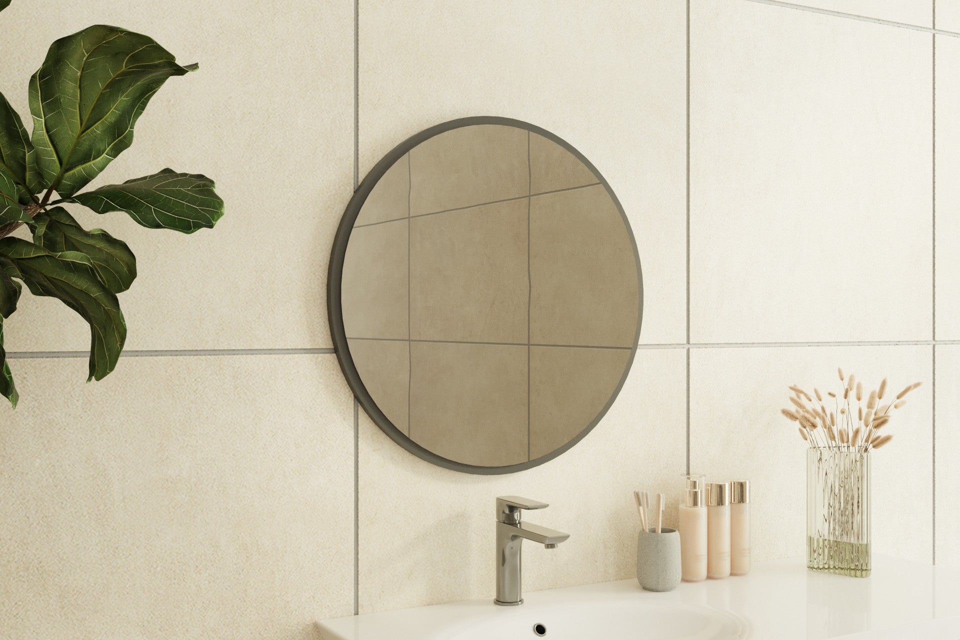 Espelho de parede elegante em antracite, 60 x 60 cm, 100% MDF, 2,2 cm de profundidade | Design ecológico Flotal-E | Perfeito para decoração e espaços modernos