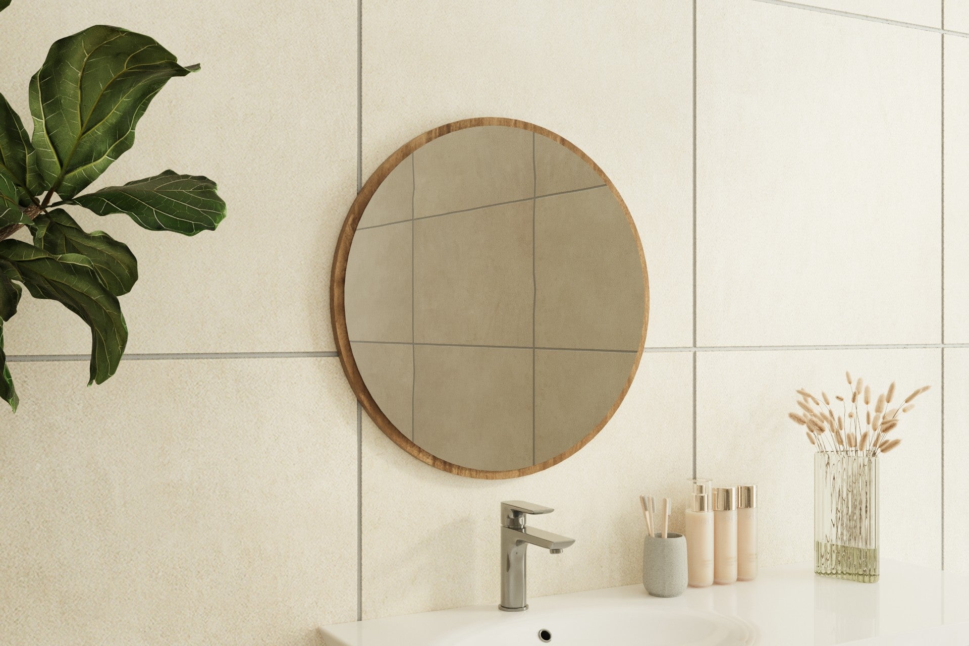 Espelho de parede elegante em nogueira, 60 x 60 cm, 100% MDF, 2,2 cm de espessura | Design ecológico Flotal-E | Perfeito para decoração de casa e espaços modernos
