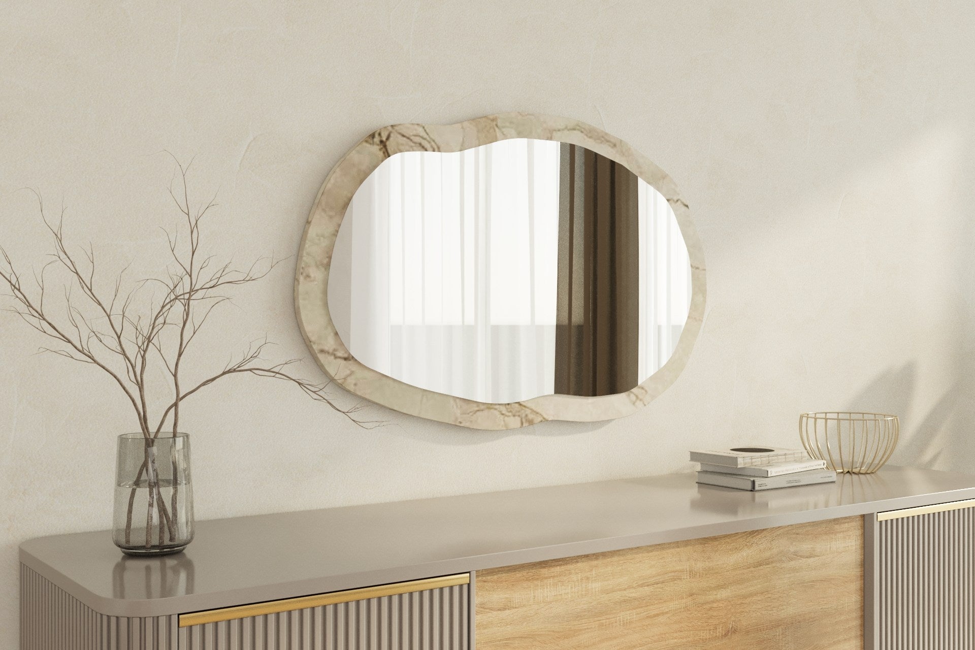 Espelho de parede elegante, 52 x 86 x 2,2 cm | 100% MDF, design ecológico Flotal-E nas cores Éfeso e Mármore | Perfeito para decoração moderna