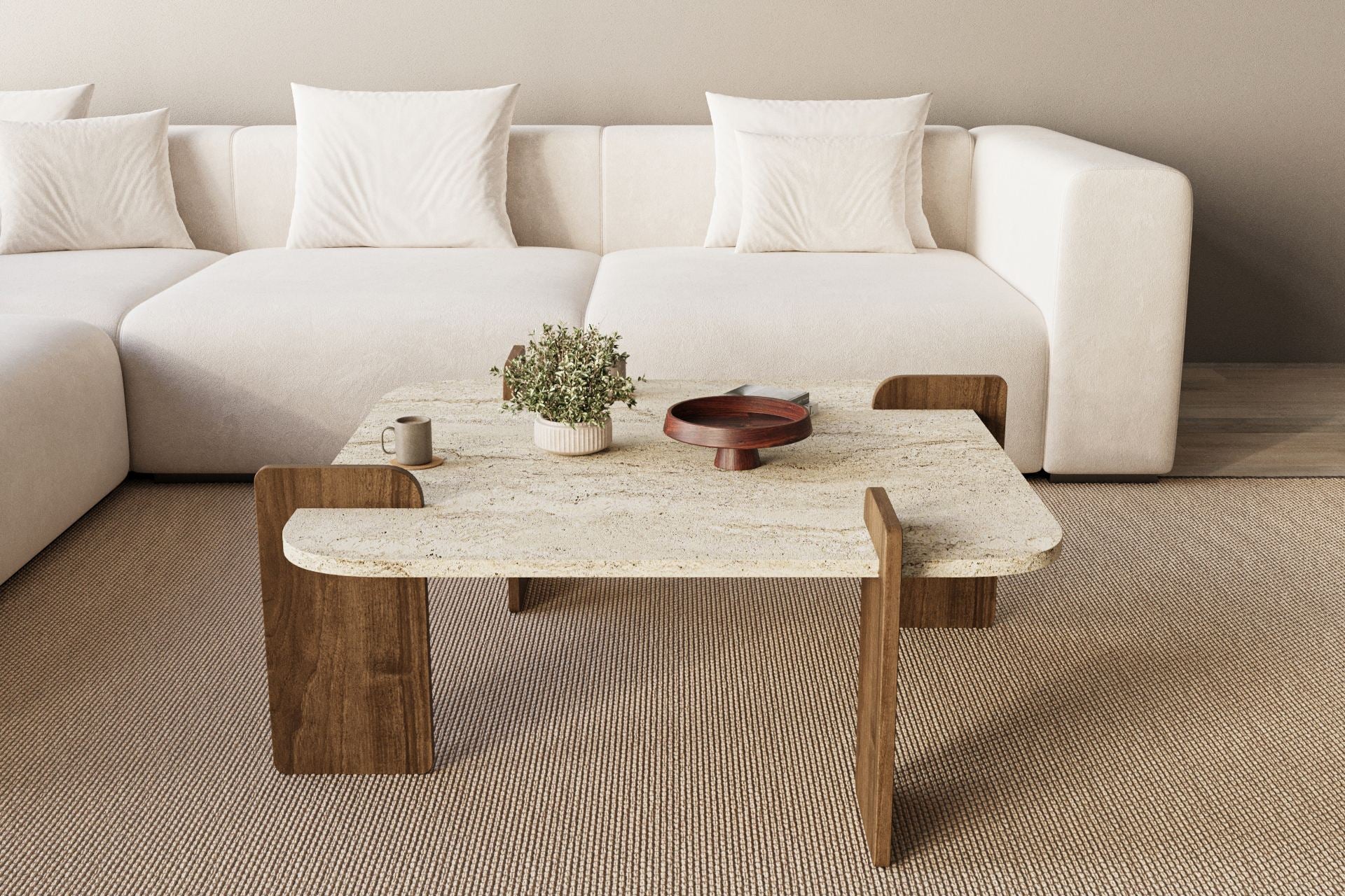 Mesa de Centro Afrolli Travertino & Nogueira - Design Luxuoso 90x90cm