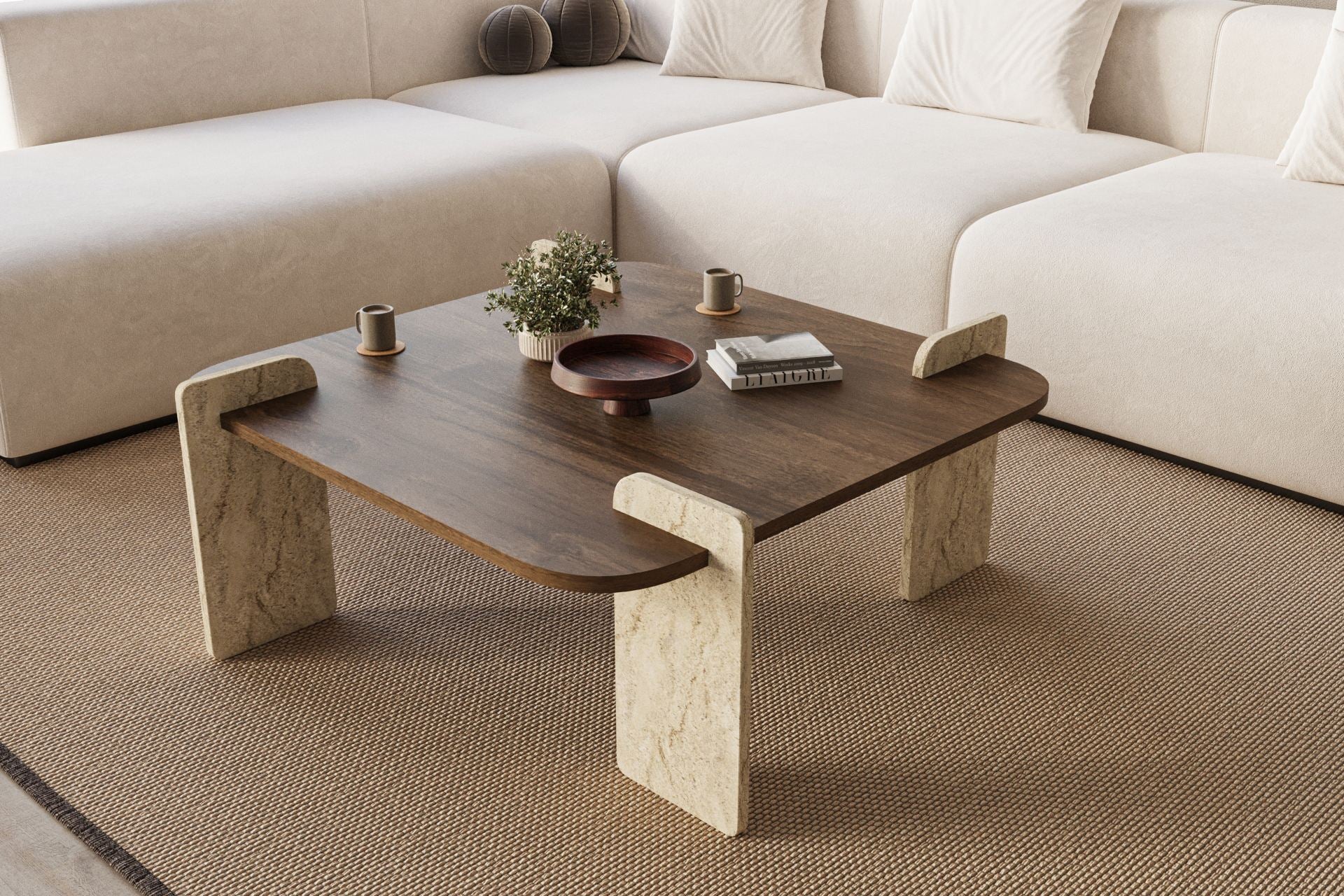 Mesa de Centro Afrolli - Walnut & Travertine | Design Luxuoso 90cm