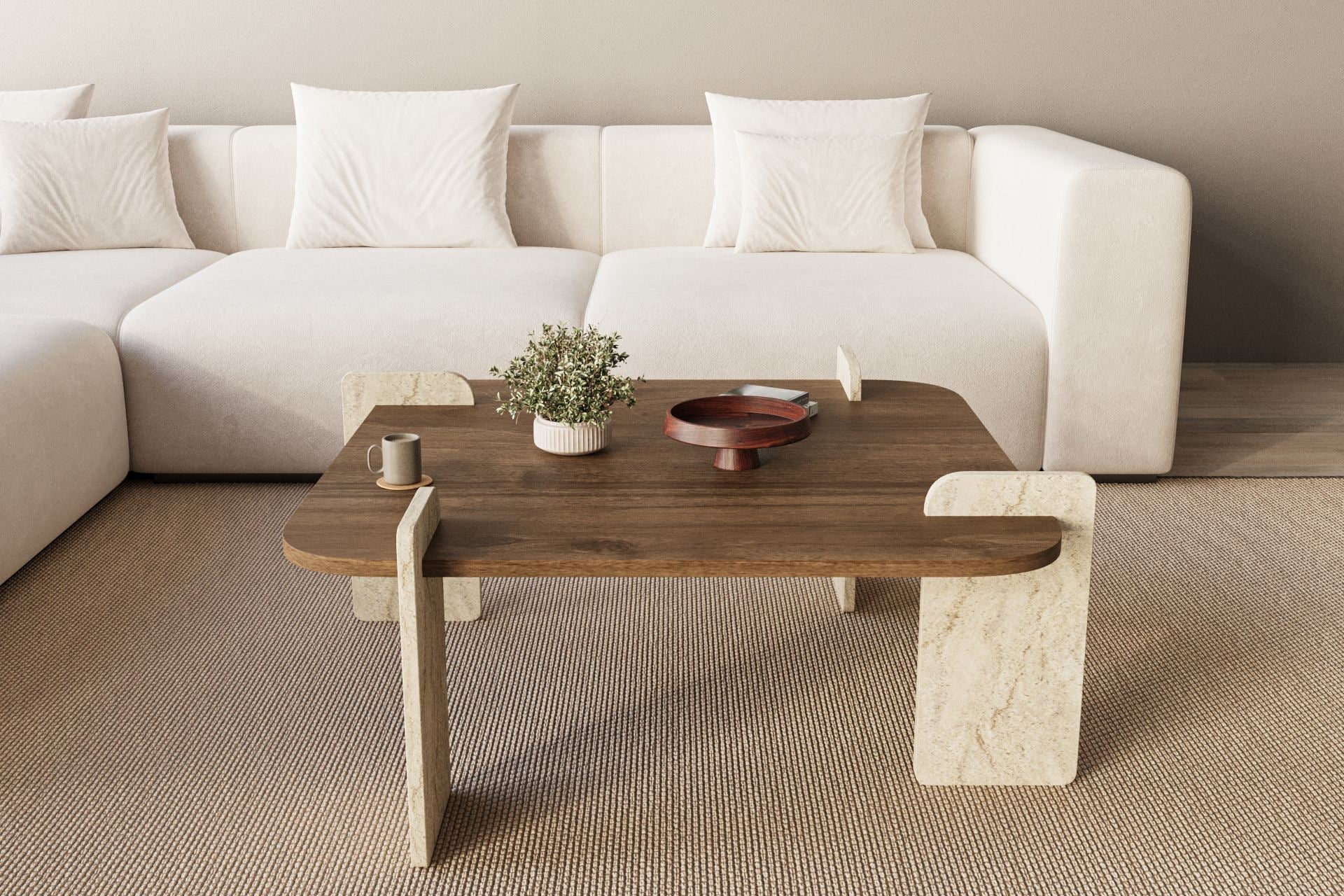 Mesa de Centro Afrolli - Walnut & Travertine | Design Luxuoso 90cm