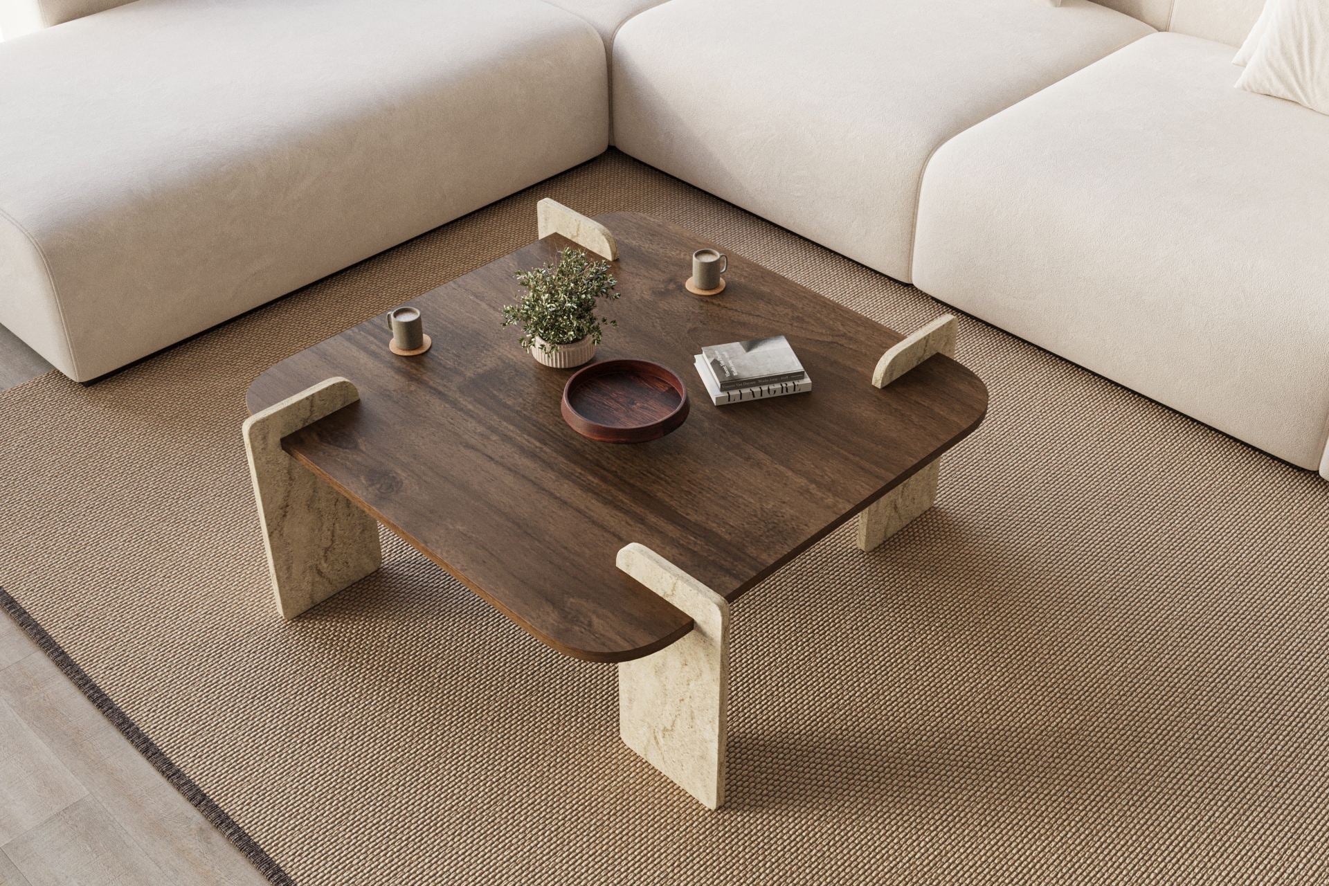 Mesa de Centro Afrolli - Walnut & Travertine | Design Luxuoso 90cm