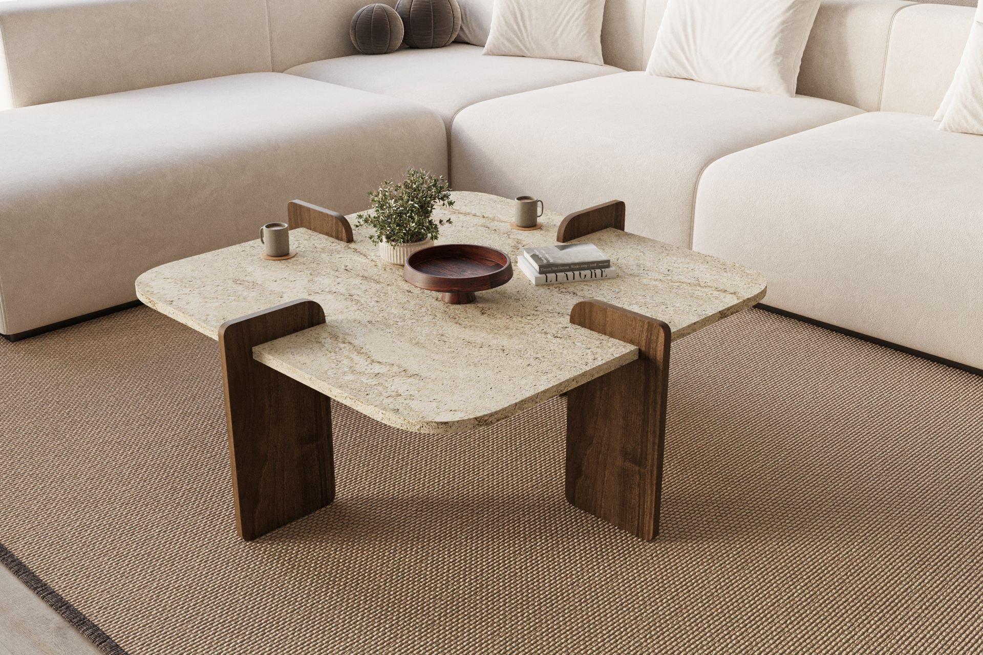 Mesa de Centro Poalla - Travertino e Nogueira Premium 90x90cm