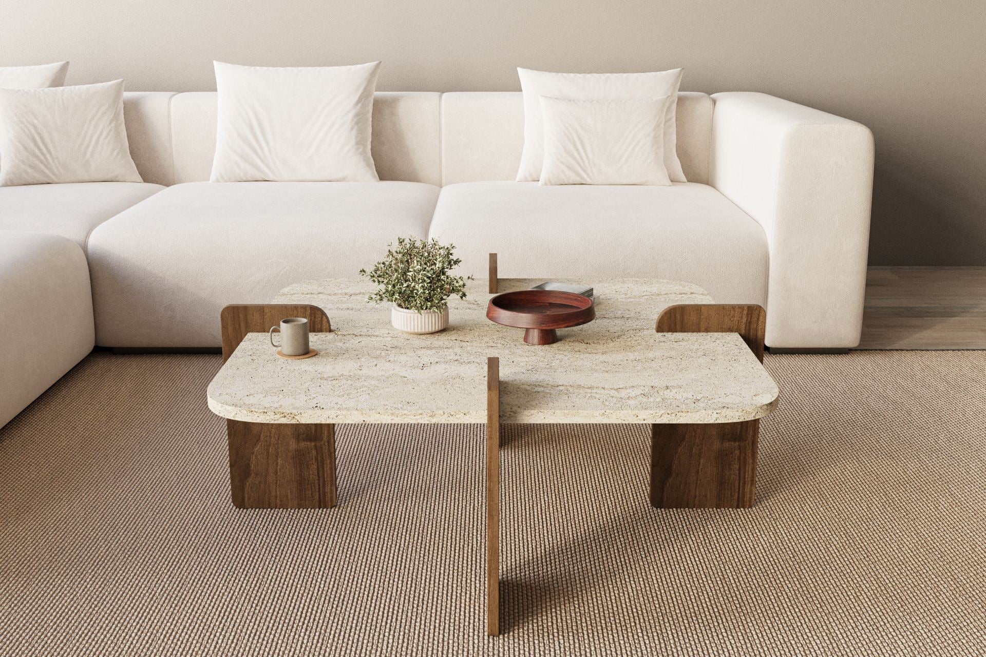 Mesa de Centro Poalla - Travertino e Nogueira Premium 90x90cm