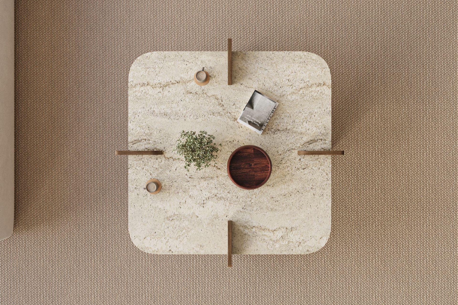 Mesa de Centro Poalla - Travertino e Nogueira Premium 90x90cm