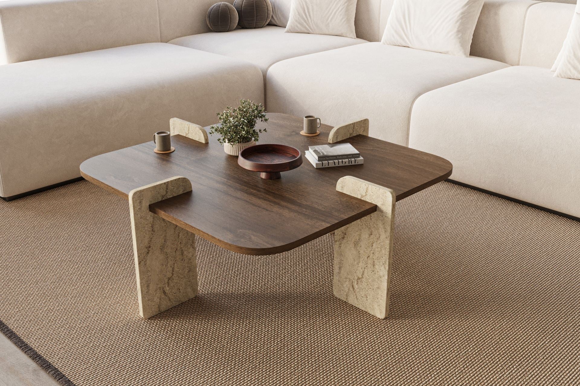 Mesa de Centro Poalla Walnut Travertine - Design Luxuoso 90x90cm