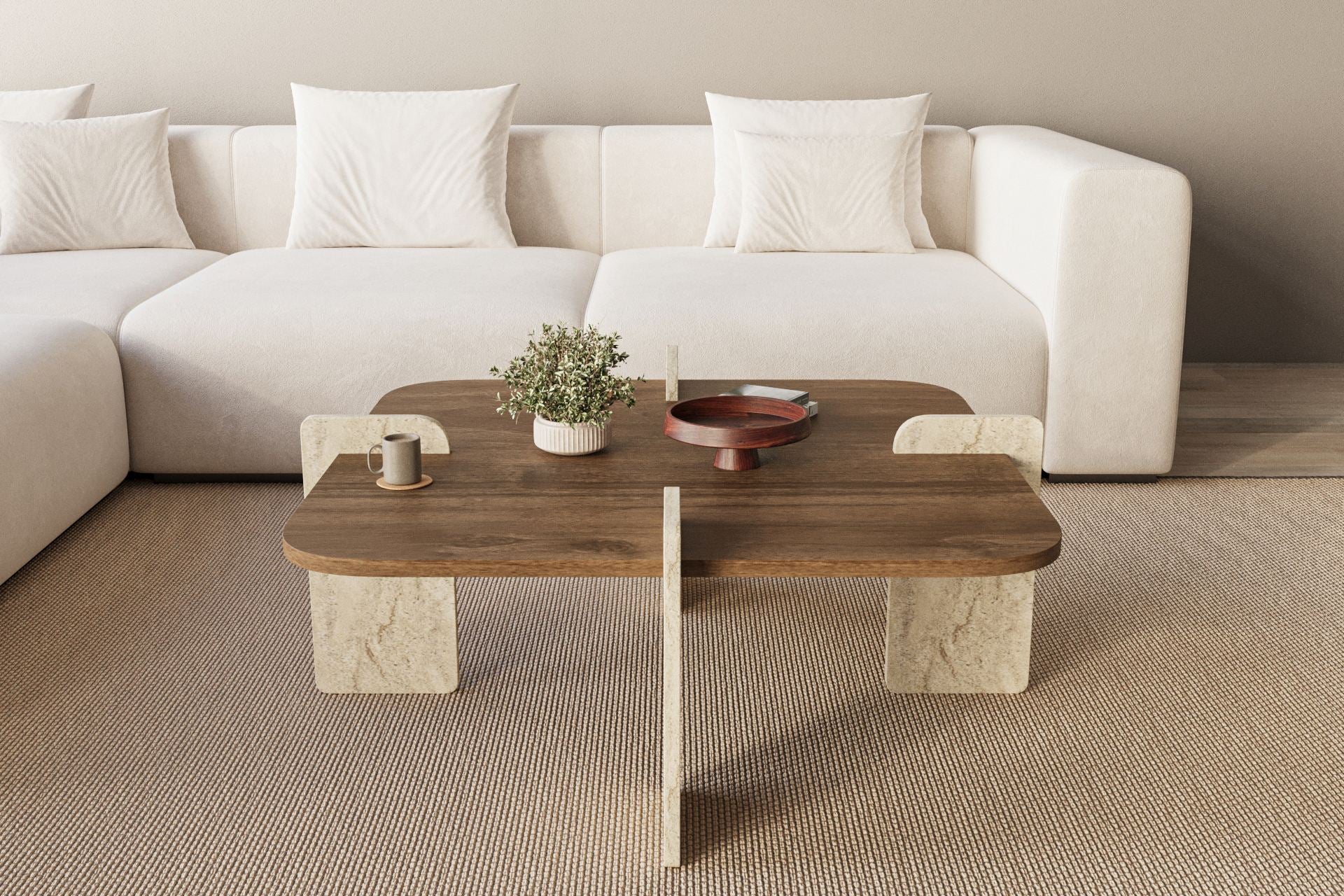 Mesa de Centro Poalla Walnut Travertine - Design Luxuoso 90x90cm