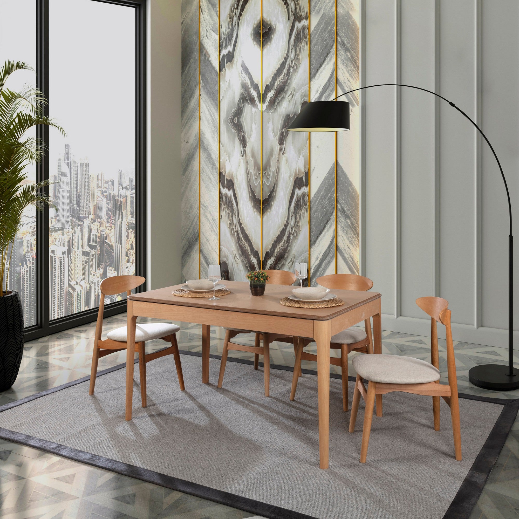 Conjunto de mesa de jantar extensível e cadeiras (5 peças)-Albero149-Natural