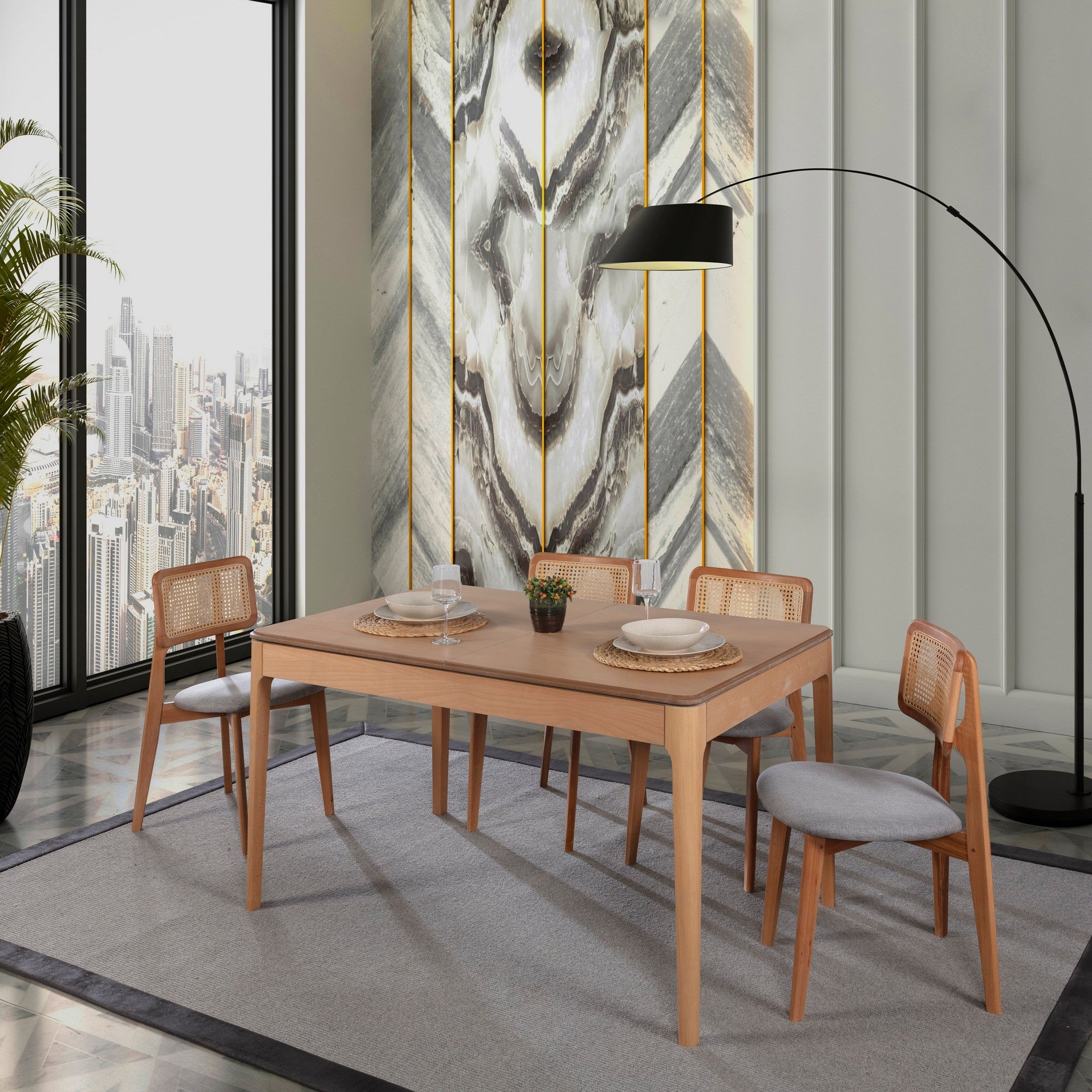 Conjunto de mesa de jantar extensível e cadeiras (5 peças)-Albero150-Natural
