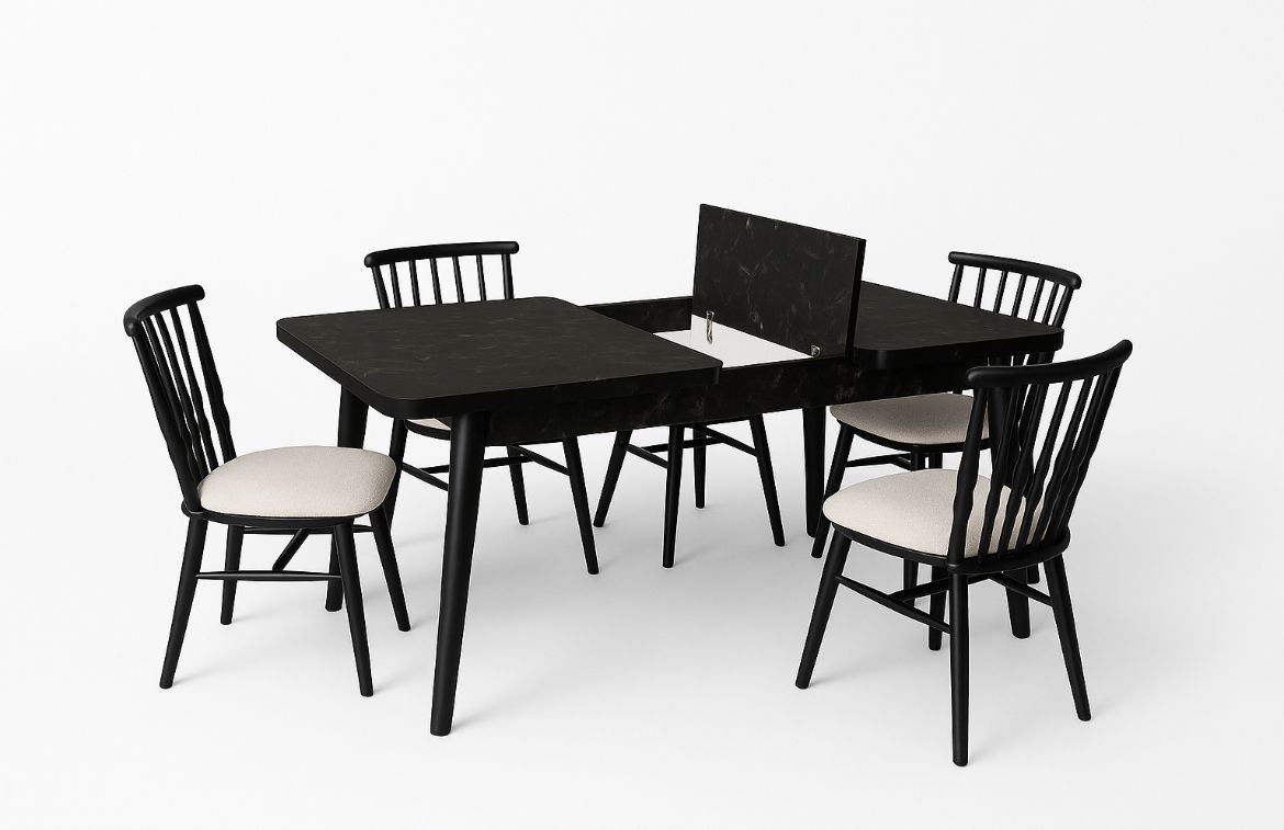 Conjunto de mesa de jantar extensível e cadeiras (5 peças)-Lotus-Preto