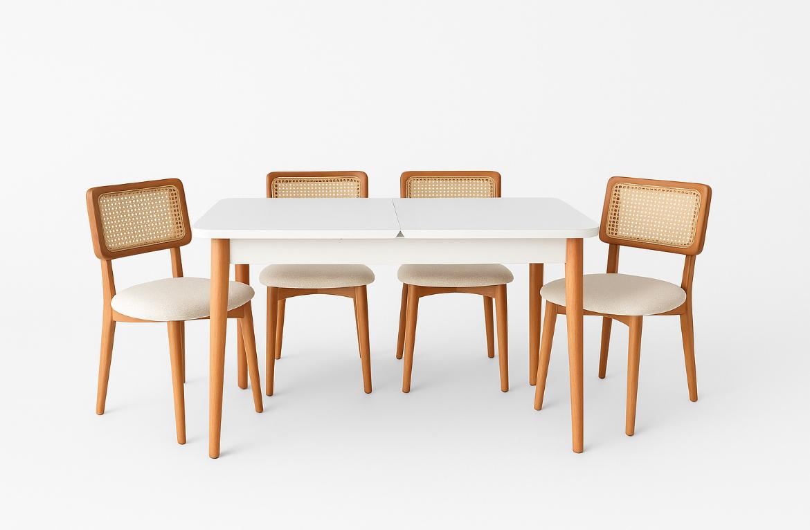 Conjunto de mesa de jantar extensível e cadeiras (5 peças)-Natura-Madeira Carvalho Branco