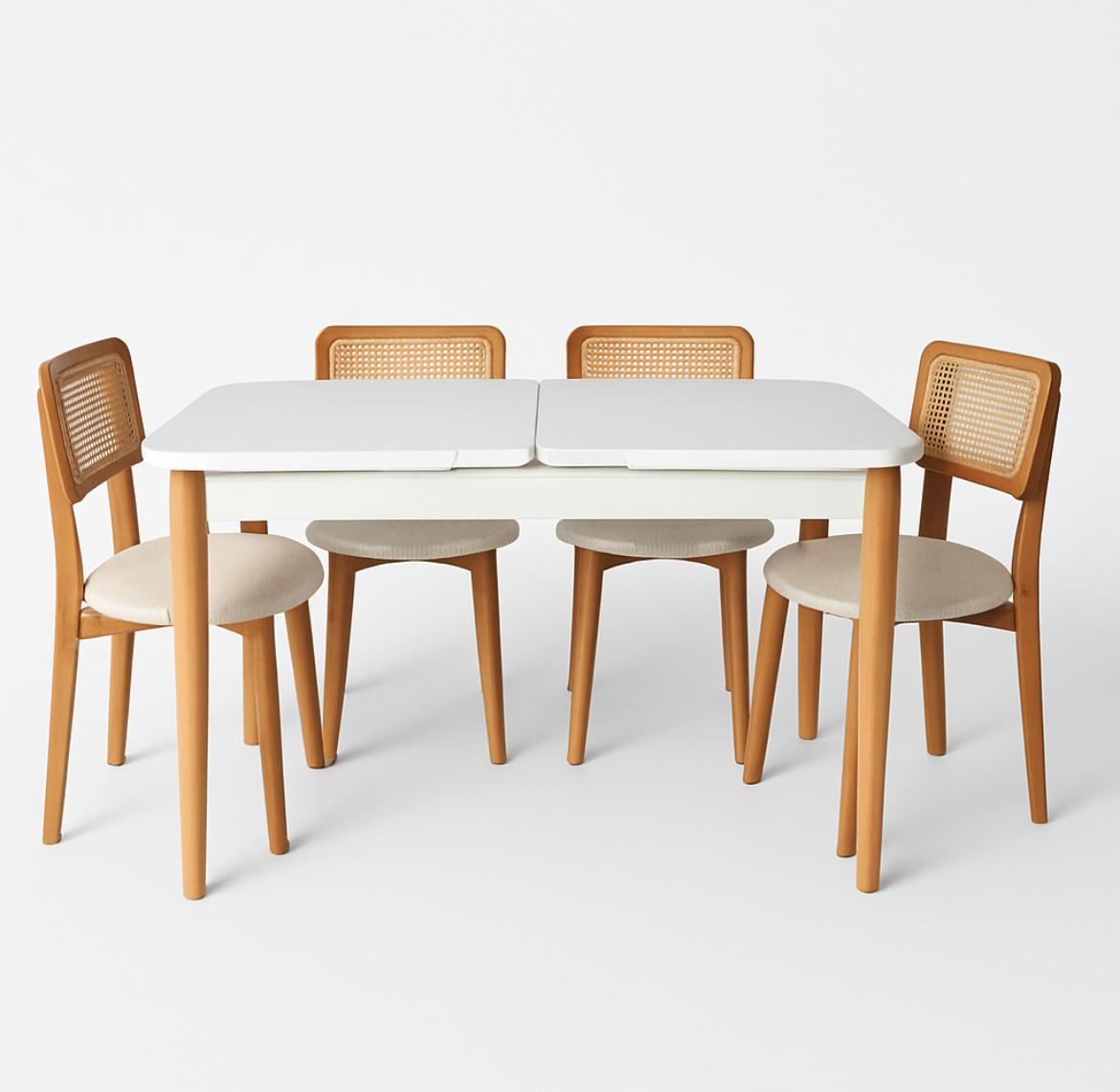 Conjunto de mesa de jantar extensível e cadeiras (5 peças)-Natura-Madeira Carvalho Branco