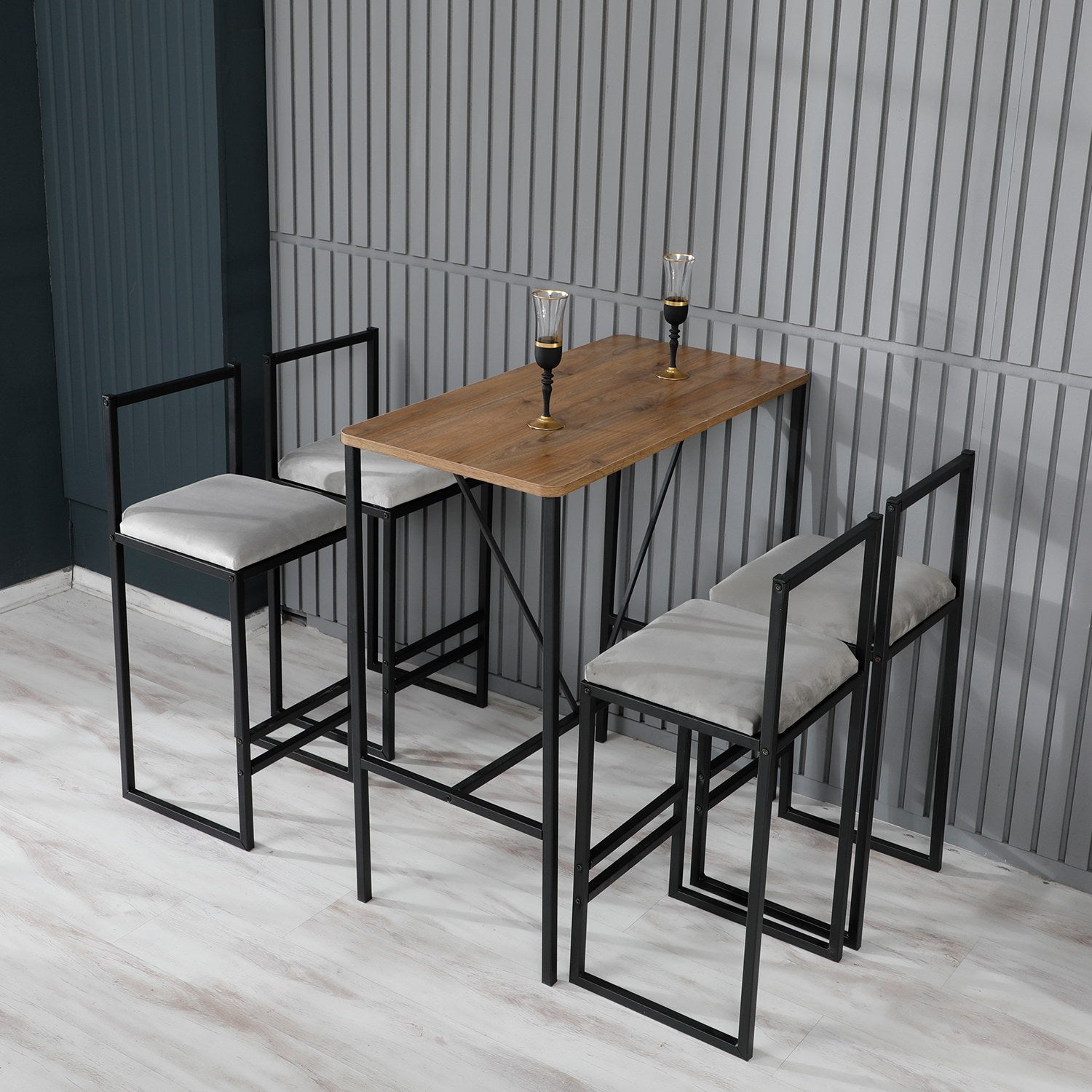 Conjunto de mesa de bar e bancos – 90x45x92cm – Creme, Noz, Preto – Metal