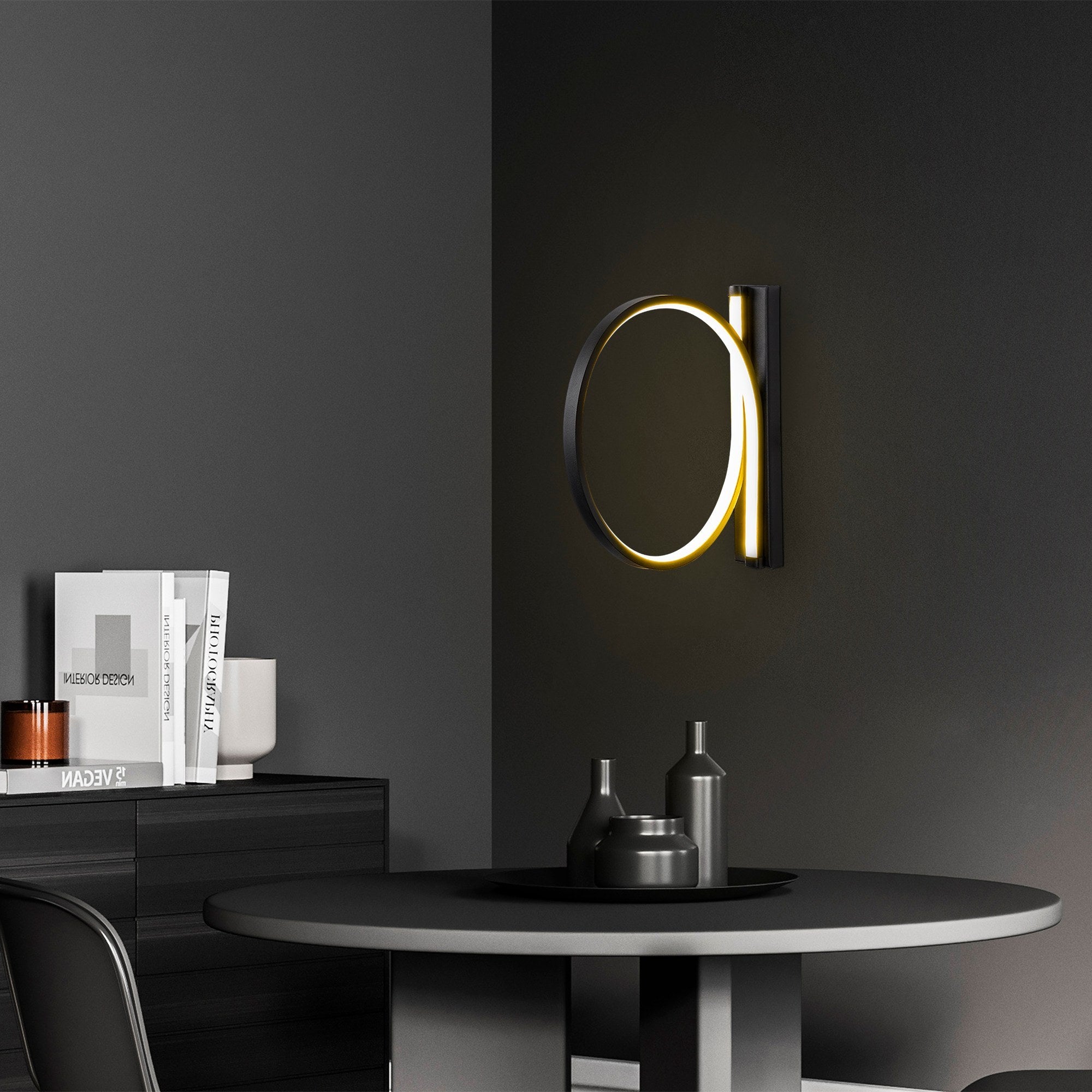Candeeiro de Parede preta elegante, corpo de metal, 30 cm de diâmetro, 50 cm de profundidade | LED integrado 12 W 3000 K | Design moderno para iluminação residencial e comercial