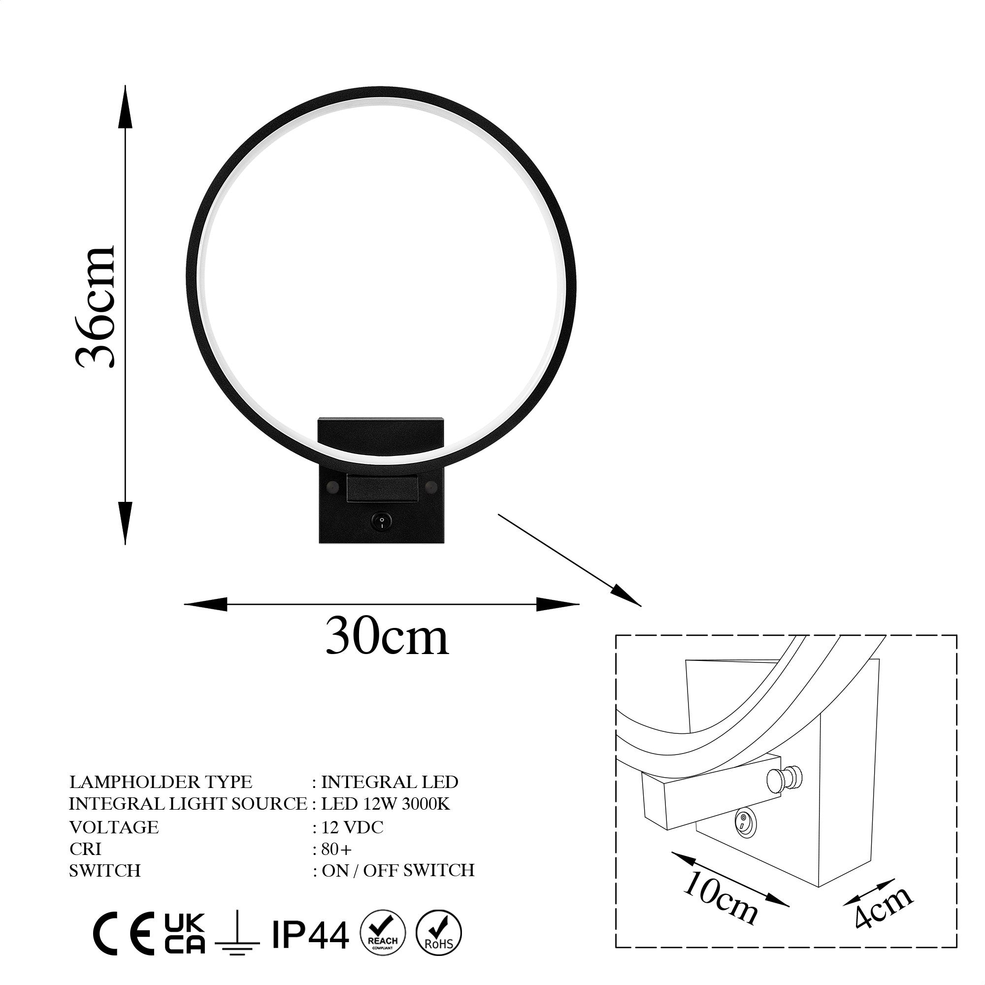Candeeiro de Parede preta elegante, corpo de metal, 30 x 36 x 9 cm | LED integrado 12 W 3000 K | Classificação IP20, cabo de 200 cm | Perfeito para decoração e iluminação de casa moderna