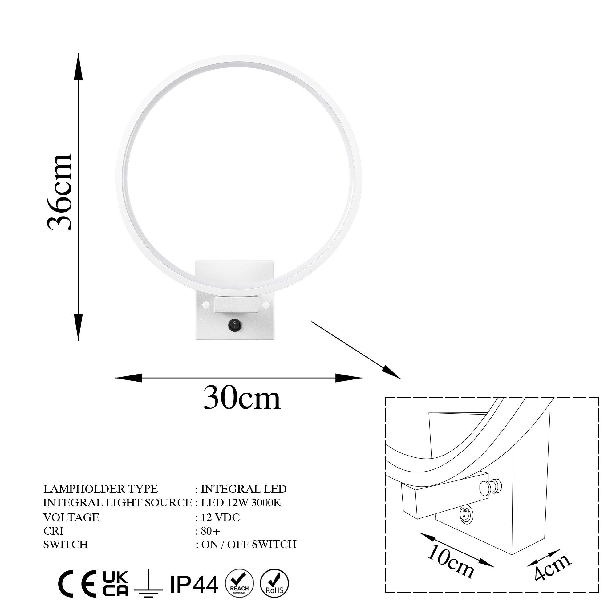 Candeeiro de Parede branca elegante, corpo de metal, 30 x 36 x 9 cm | IP20, LED 12W 3000K, cabo de 200 cm | Ideal para decoração moderna e iluminação ambiente