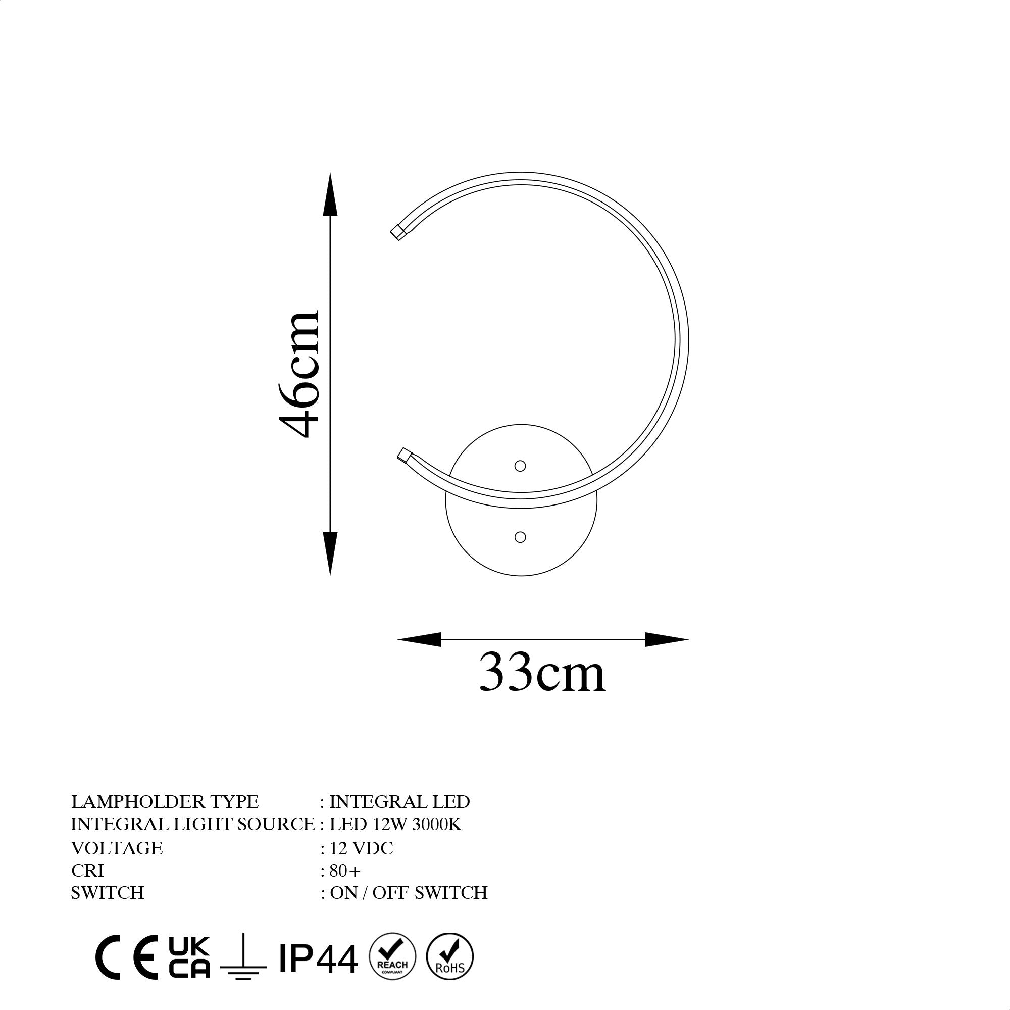 Candeeiro de Parede Elegante Dourada, Corpo em Metal, 33 x 46 x 6 cm | LED Integral 12W 3000K | Iluminação Elegante para Decoração e Ambiente Modernos