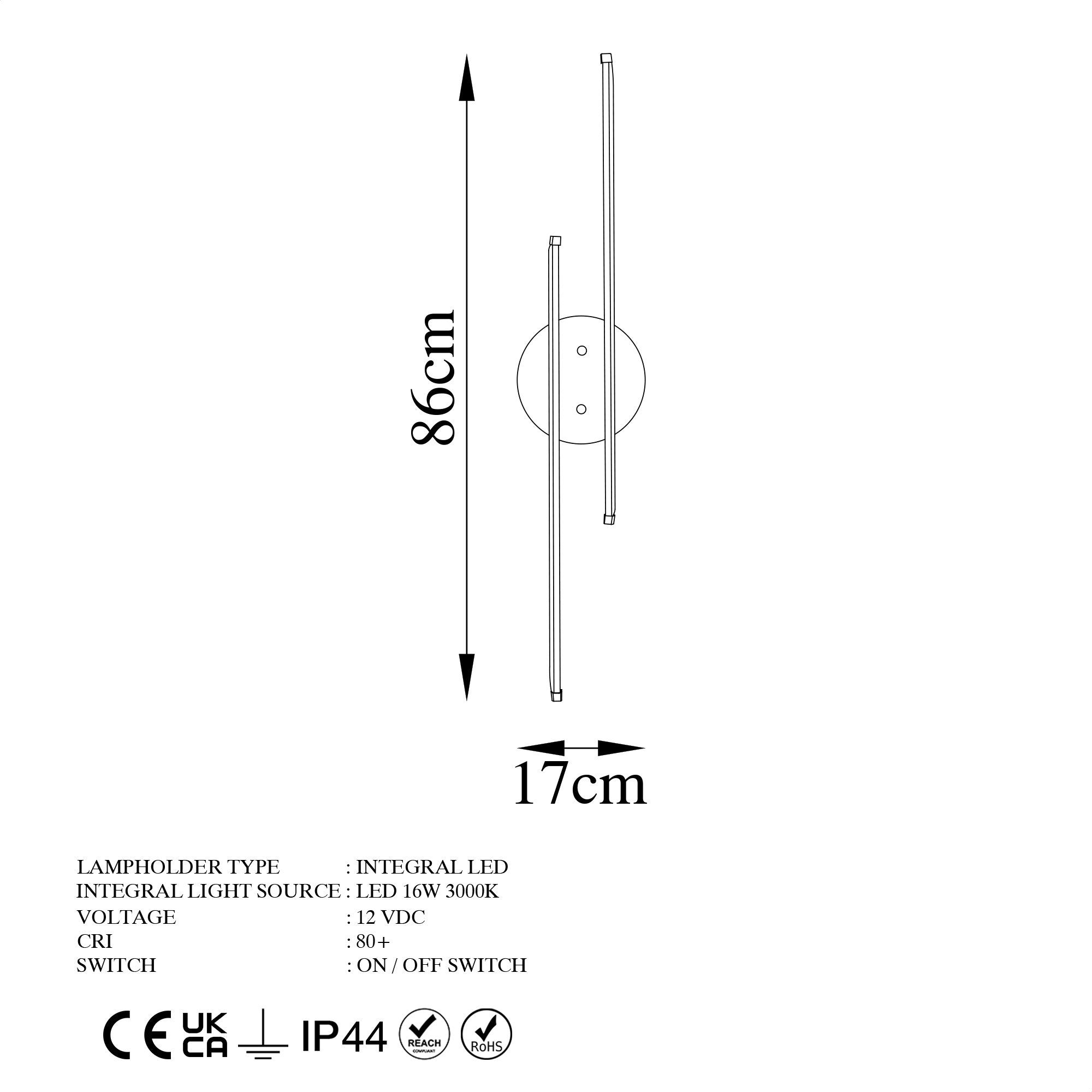 Candeeiro de Parede Elegante Dourada, Corpo em Metal, 17 x 86 x 5 cm | LED Integral 16W 3000K | Iluminação Elegante para Decoração e Ambiente Modernos