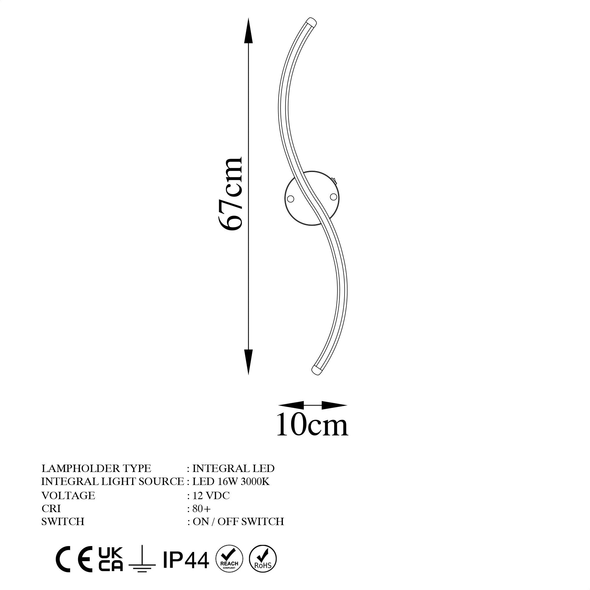 Candeeiro de Parede preta elegante, corpo de metal, 67 cm de altura | LED integrado 16 W 3000 K | Ideal para decoração moderna e iluminação ambiente, com classificação IP20