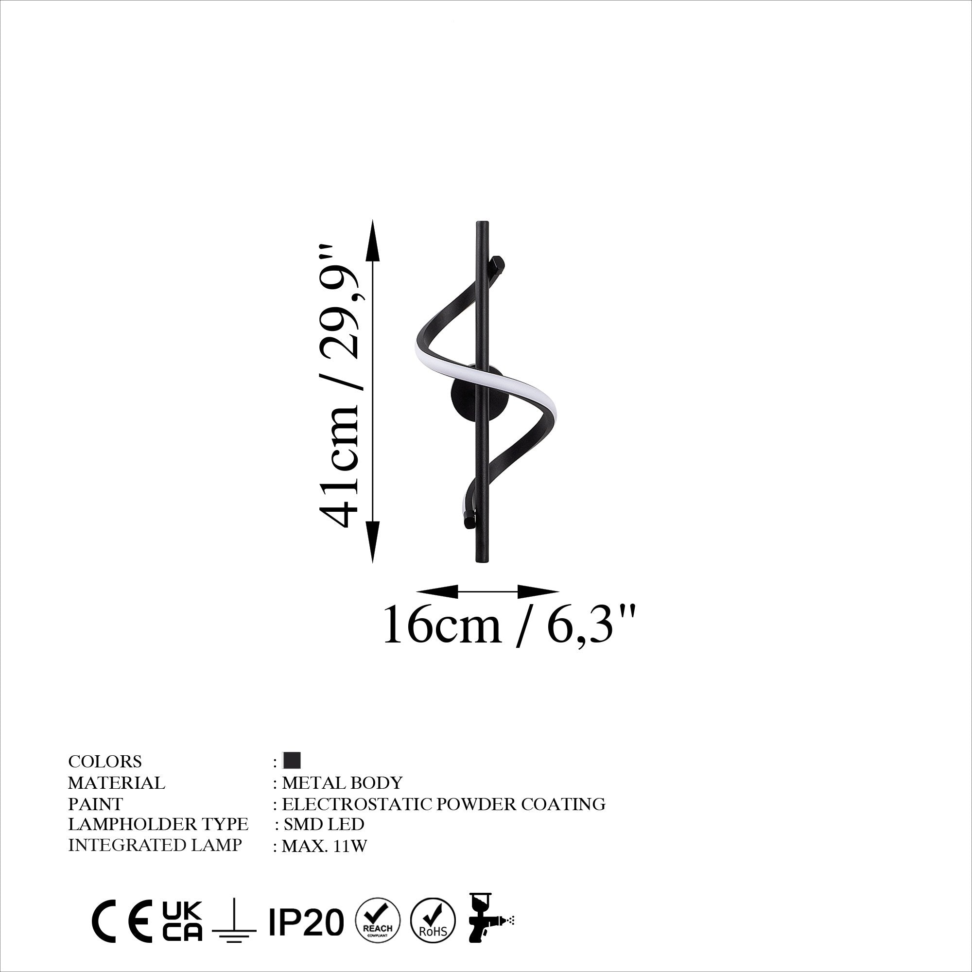 Candeeiro de Parede preta elegante, corpo de metal, 16 x 41 x 25 cm | LED SMD 11 W 3000 K | Classificação IP20, perfeita para decoração moderna e iluminação ambiente