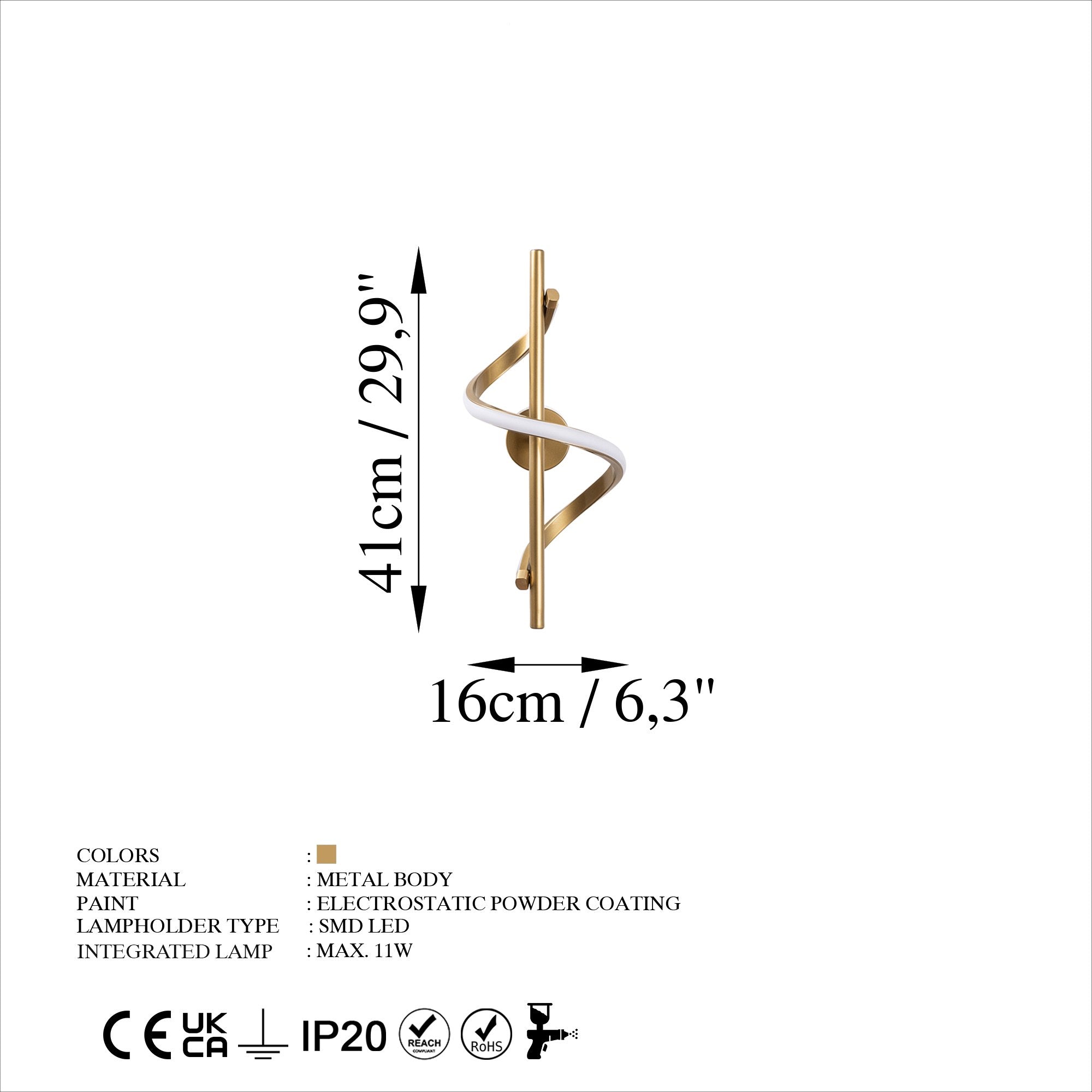Candeeiro de Parede Elegante Dourada, Corpo em Metal, 16 x 41 x 25 cm | LED SMD 11W 3000K | Iluminação Elegante para Decoração e Ambiente Modernos