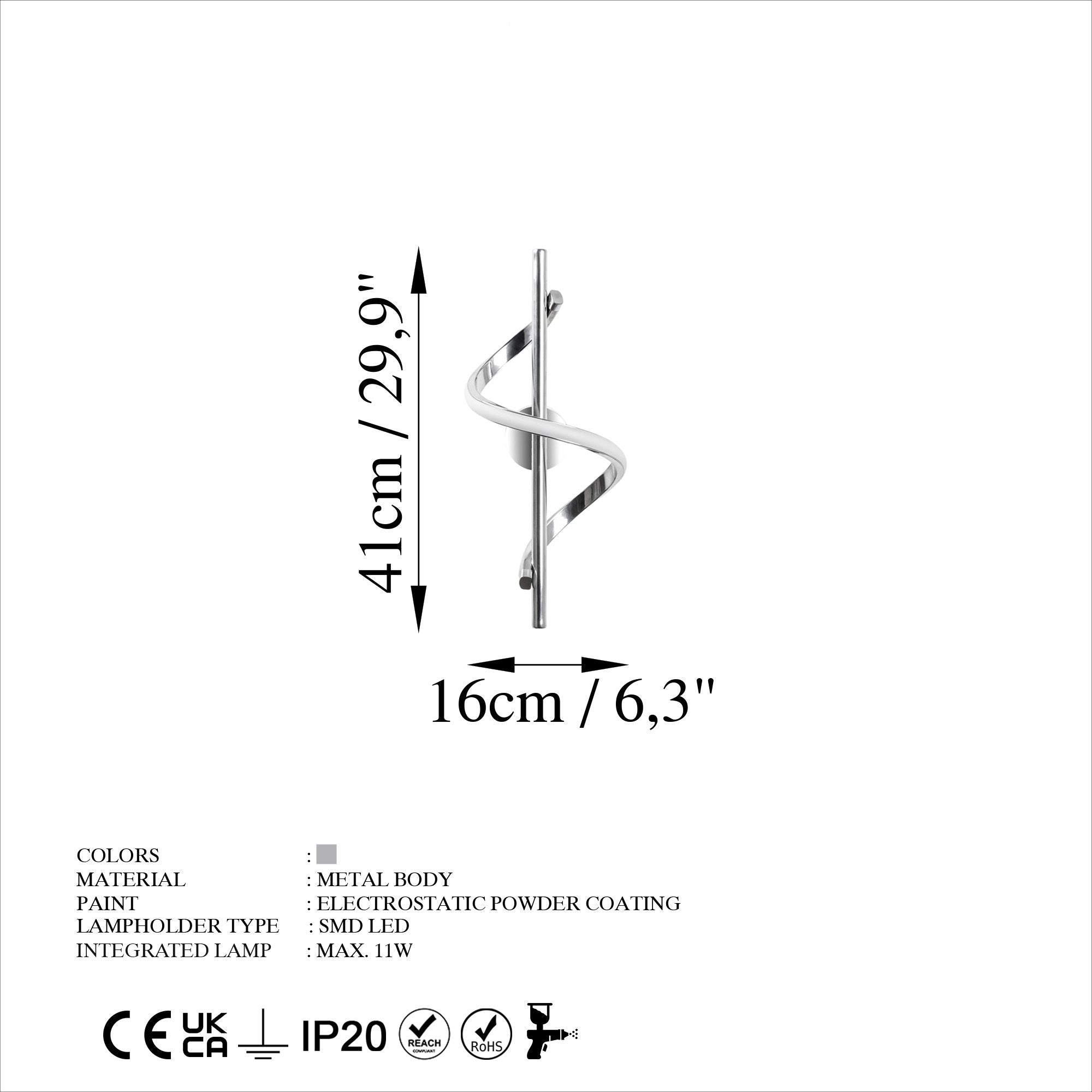 Candeeiro de Parede cromada elegante, corpo de metal, 16 x 41 x 25 cm | LED SMD 11 W 3000 K | Classificação IP20, perfeita para decoração moderna e iluminação ambiente