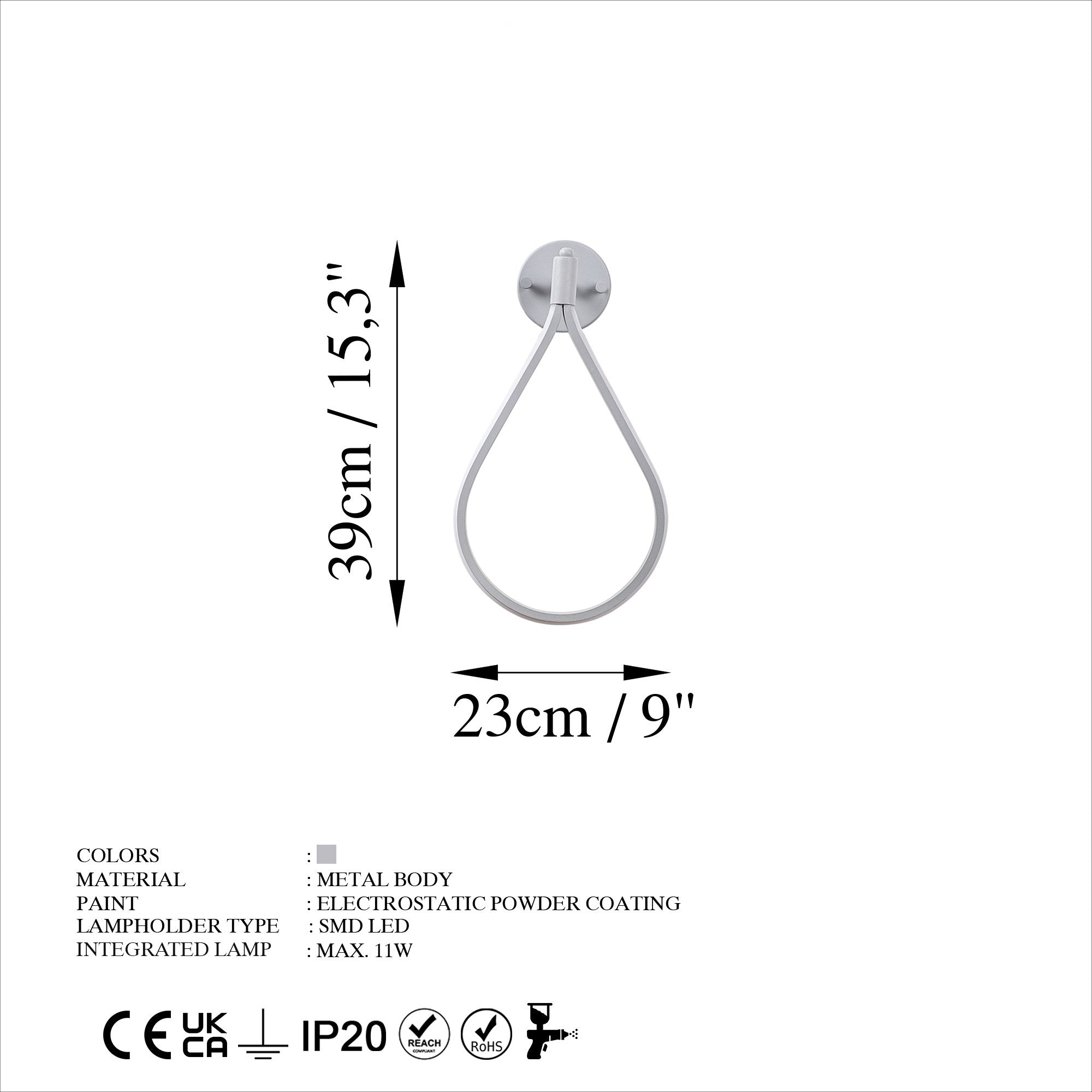 Candeeiro de Parede cinza elegante, corpo de metal, 23x39x13 cm | LED SMD 11W 3000K | Classificação IP20 | Perfeito para decoração moderna e iluminação ambiente