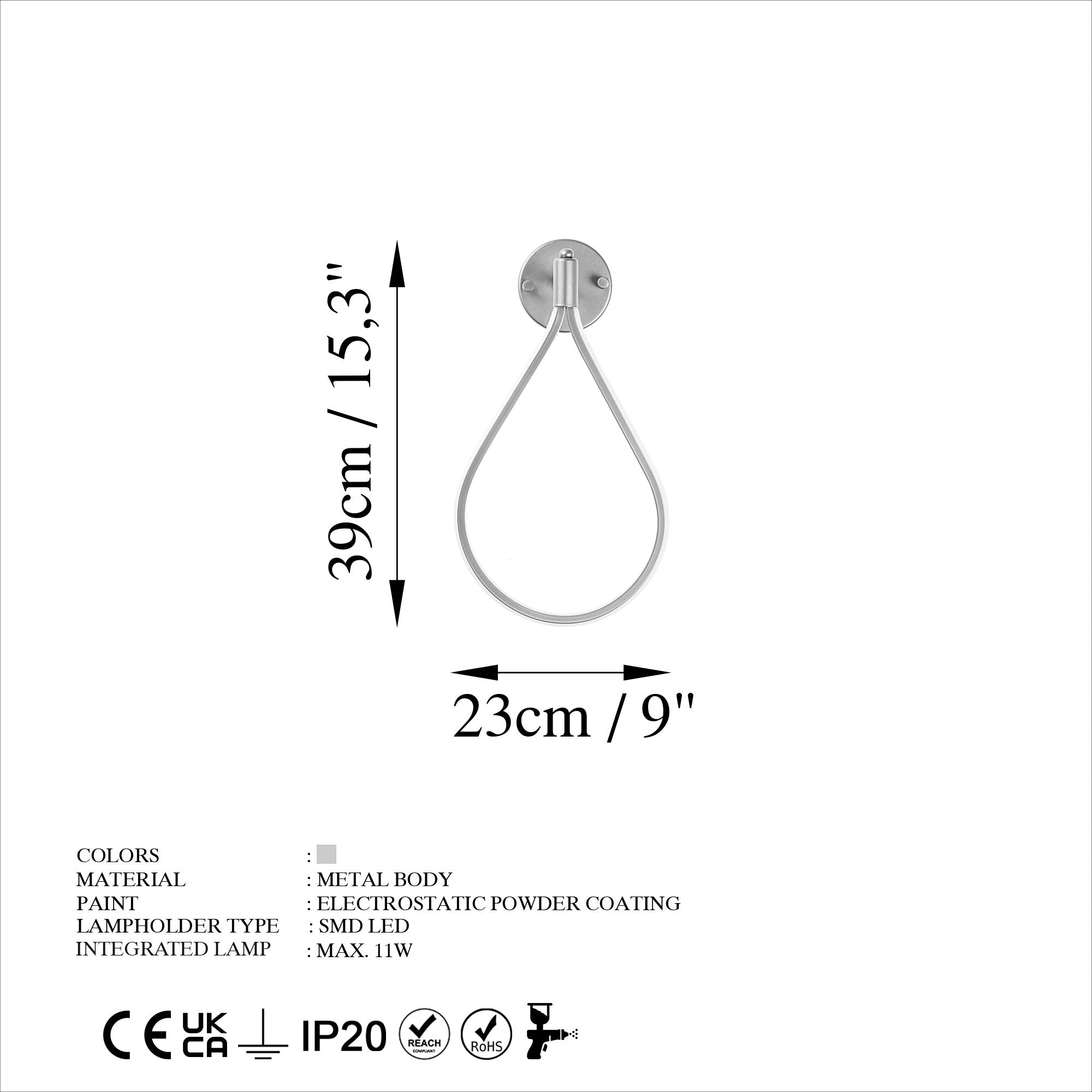 Candeeiro de Parede cromada elegante, corpo de metal, 23x39x13 cm | LED SMD 11W 3000K | Classificação IP20, perfeita para decoração moderna e iluminação ambiente