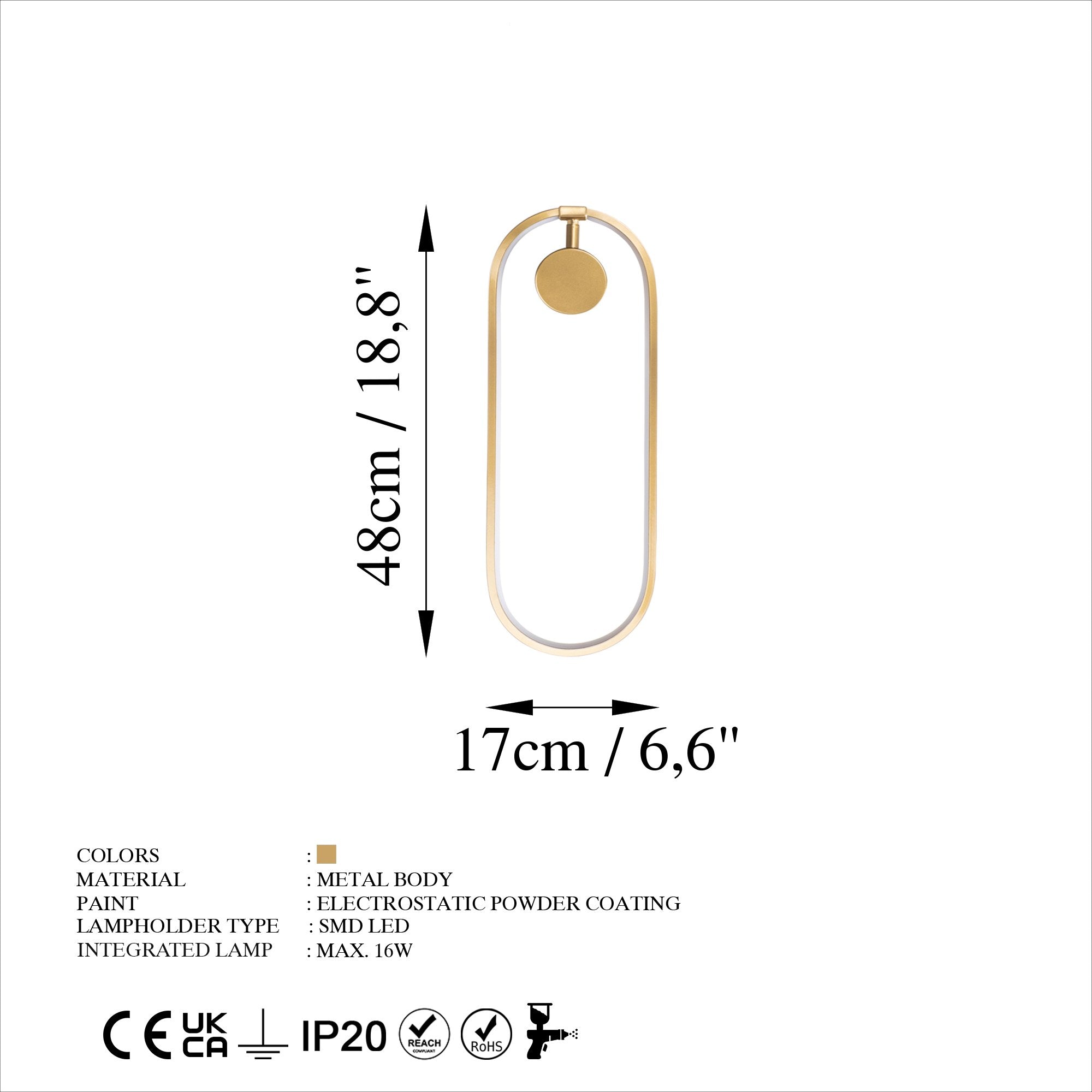 Candeeiro de Parede Elegante Dourada, Corpo em Metal, 17x48x10 cm | LED SMD 16W 3000K | Iluminação Elegante para Decoração e Ambiente Modernos