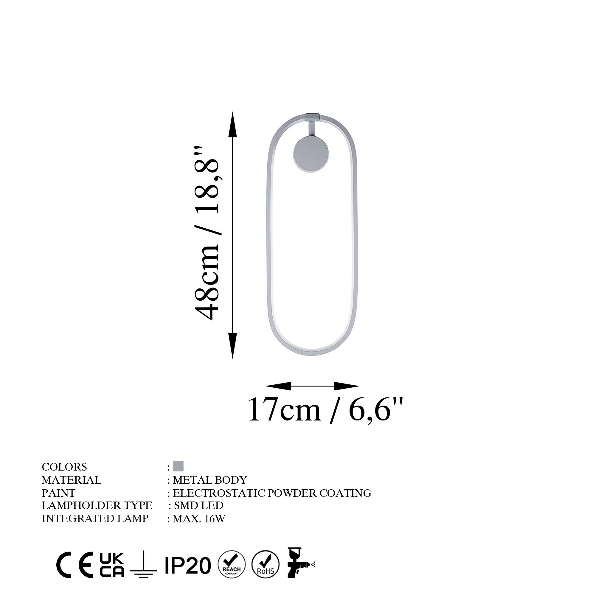 Candeeiro de Parede cinza elegante, corpo de metal, 17 x 48 x 10 cm | LED SMD 16 W 3000 K | Classificação IP20 | Perfeito para decoração moderna e iluminação ambiente
