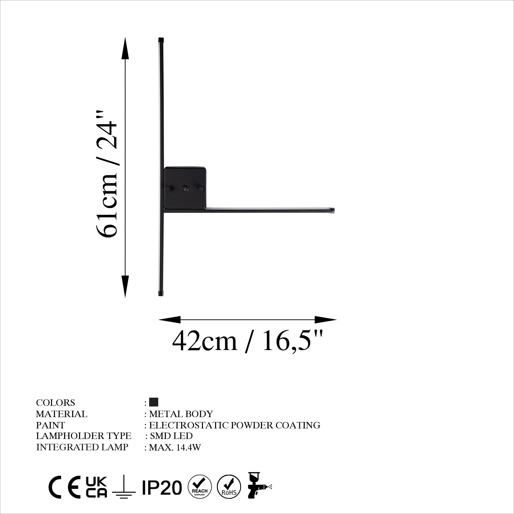 Candeeiro de Parede preta elegante, corpo de metal, 61 x 42 x 3 cm | LED SMD 14,4 W 3000 K | Classificação IP20, perfeita para decoração moderna e iluminação ambiente