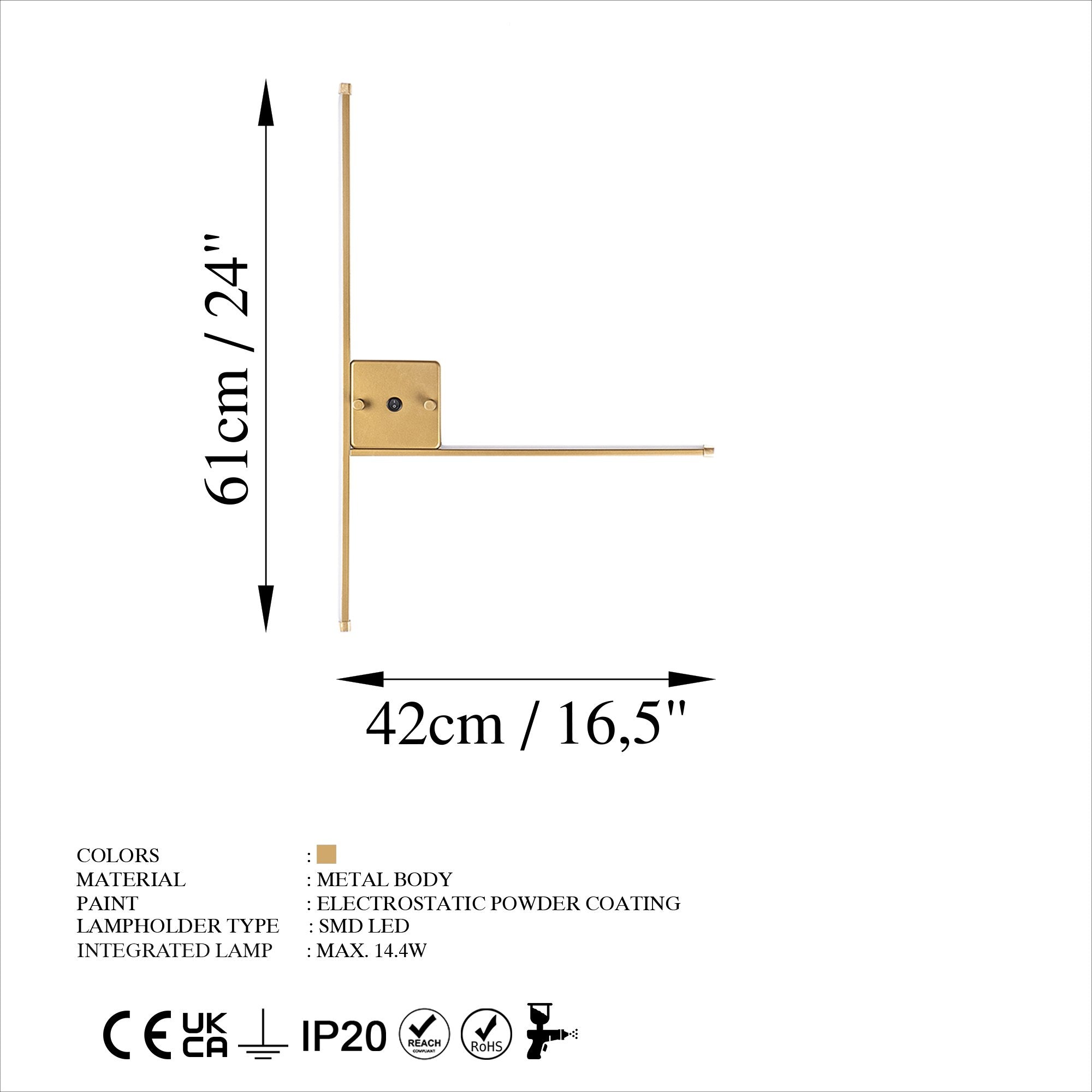 Candeeiro de Parede Elegante Dourada, Corpo em Metal, 61 x 42 x 3 cm | LED SMD 14,4 W 3000 K | Iluminação Elegante para Decoração e Ambiente Modernos