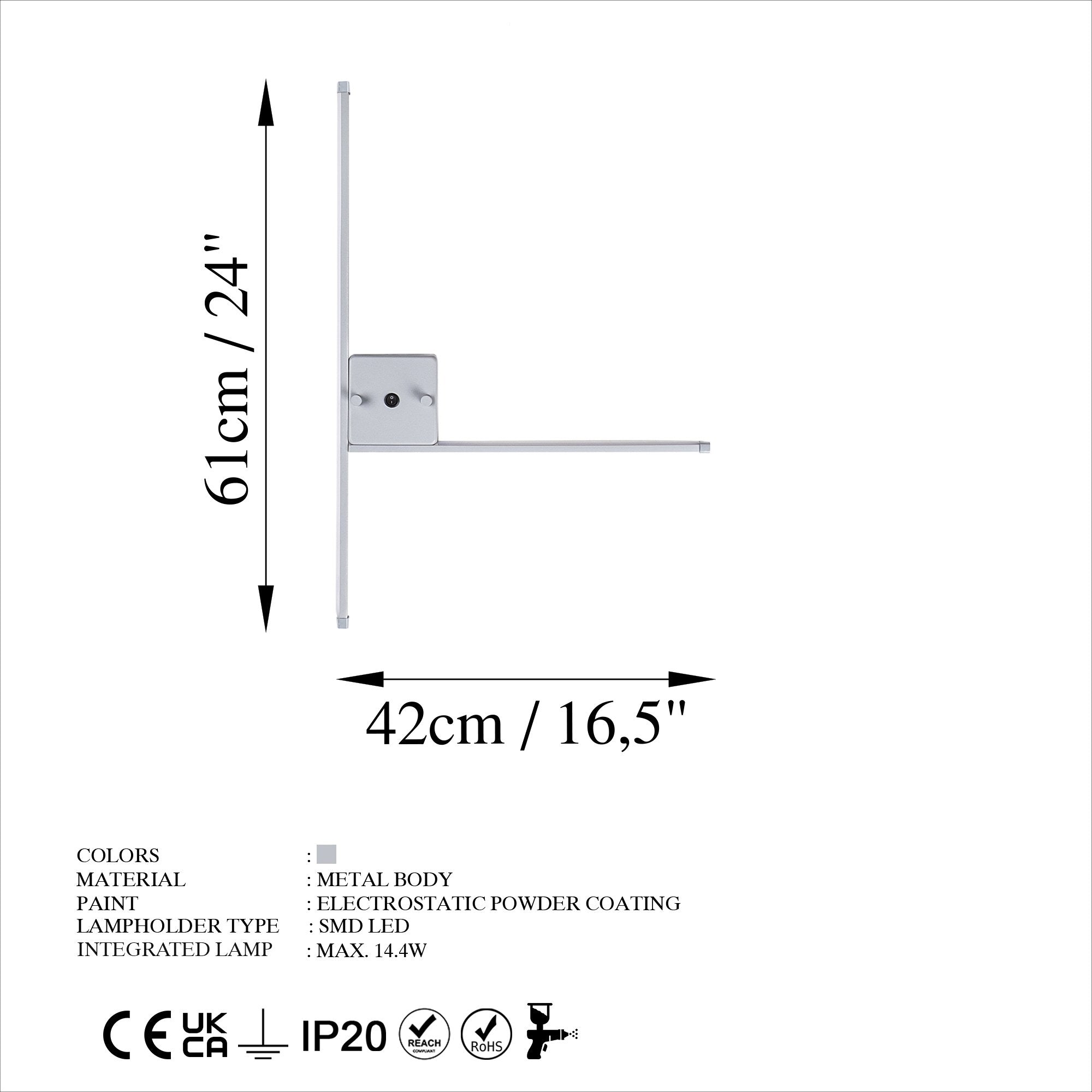Candeeiro de Parede cinza elegante, corpo de metal, 61 x 42 x 3 cm | LED SMD 14,4 W 3000 K | Classificação IP20, perfeita para decoração moderna e iluminação ambiente
