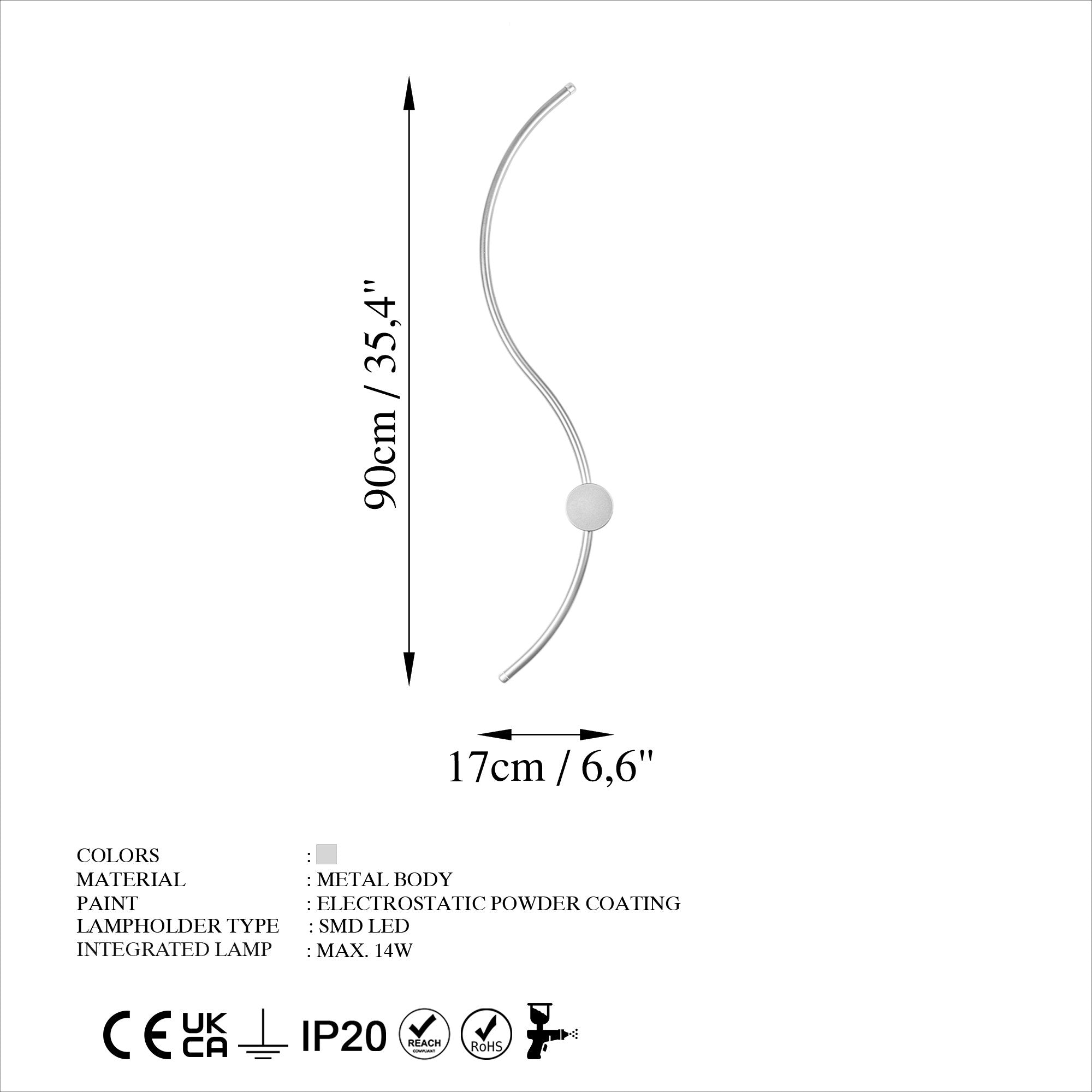 Candeeiro de Parede cromada elegante, corpo de metal, 90 x 17 x 10 cm | LED SMD 14 W 3000 K | Design elegante para iluminação moderna de casa e escritório